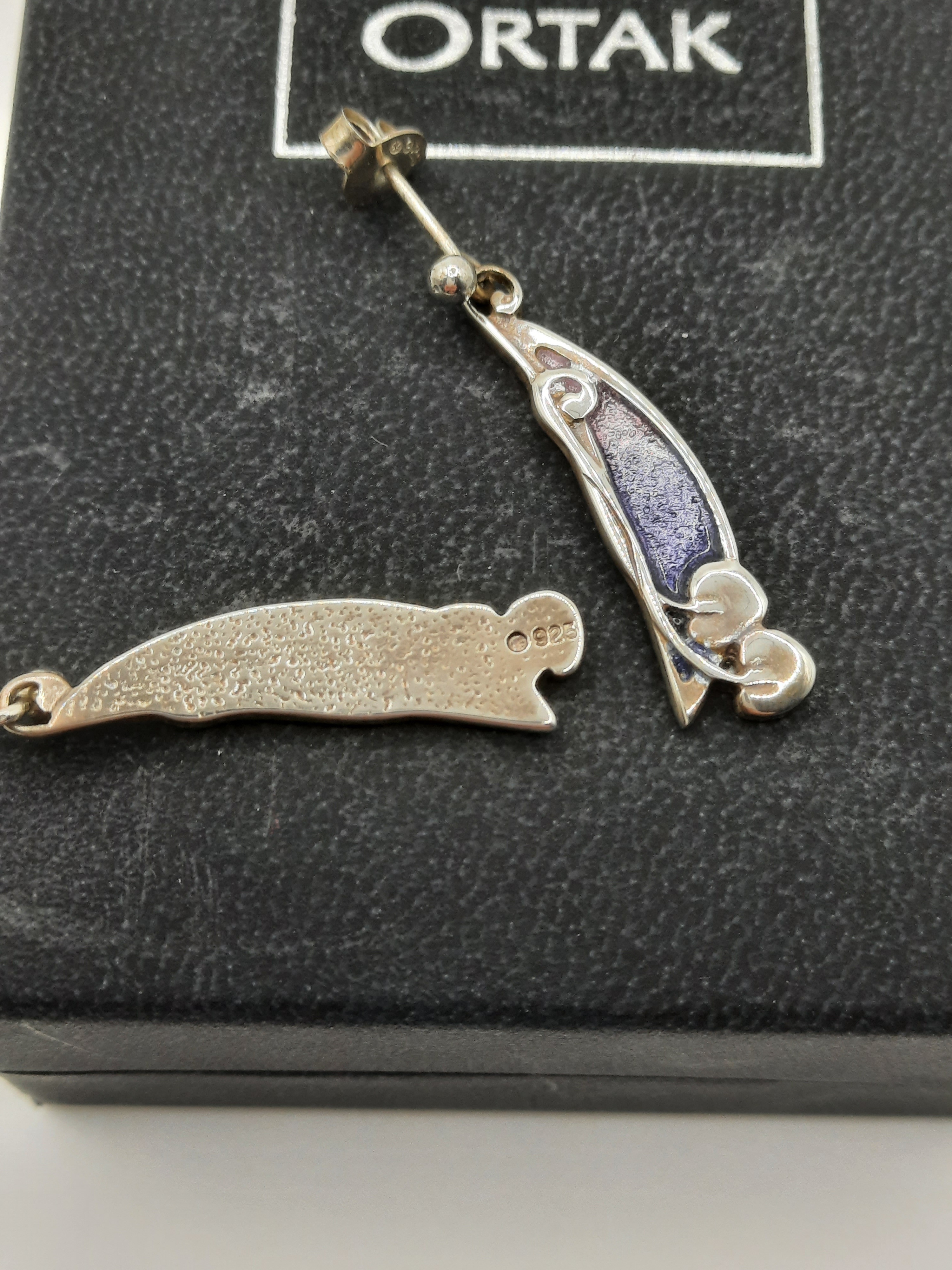 ORTAK Sterling Silver Enameled Earrings in an Archibald Knox Style Design - Original Box