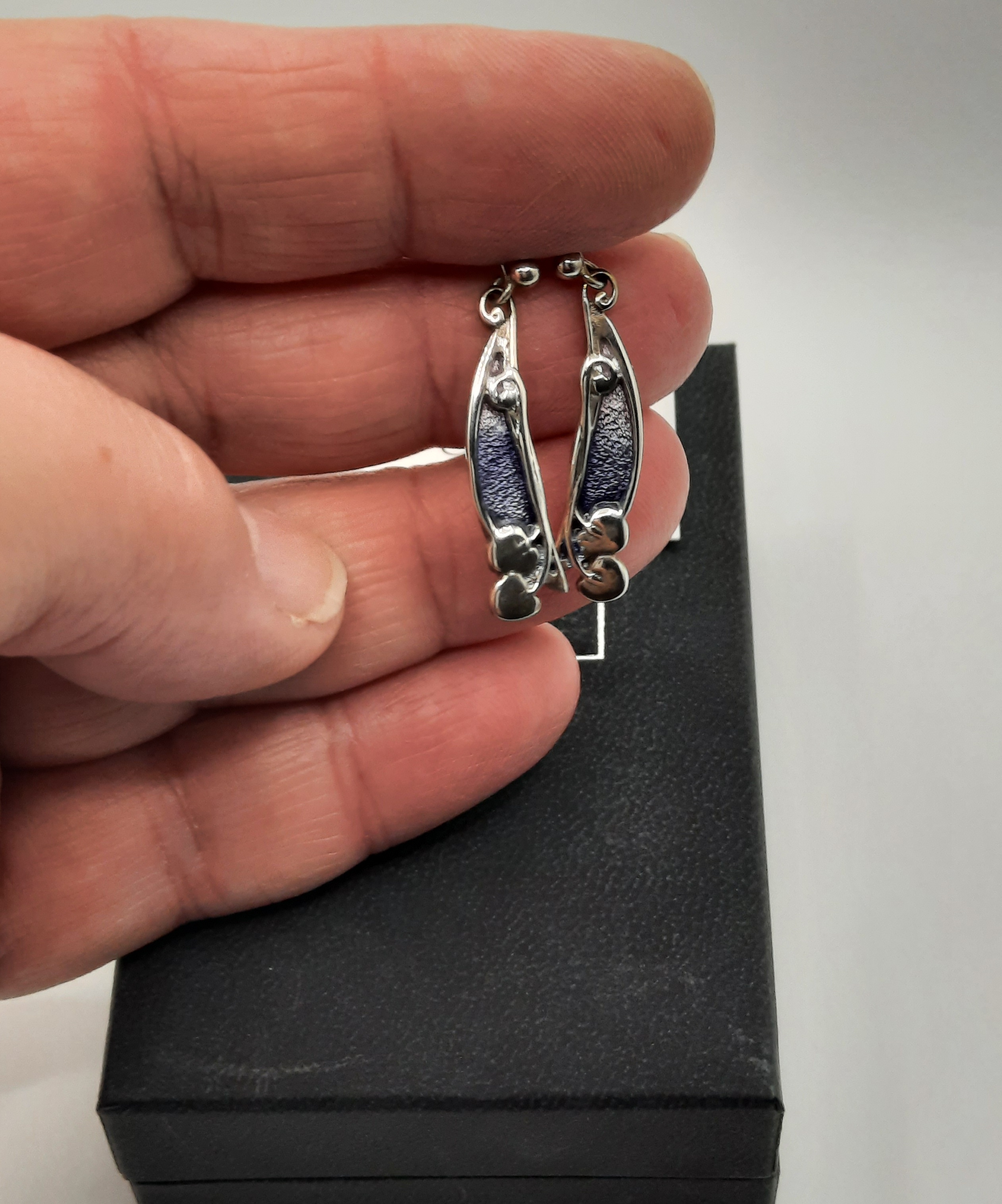 ORTAK Sterling Silver Enameled Earrings in an Archibald Knox Style Design - Original Box
