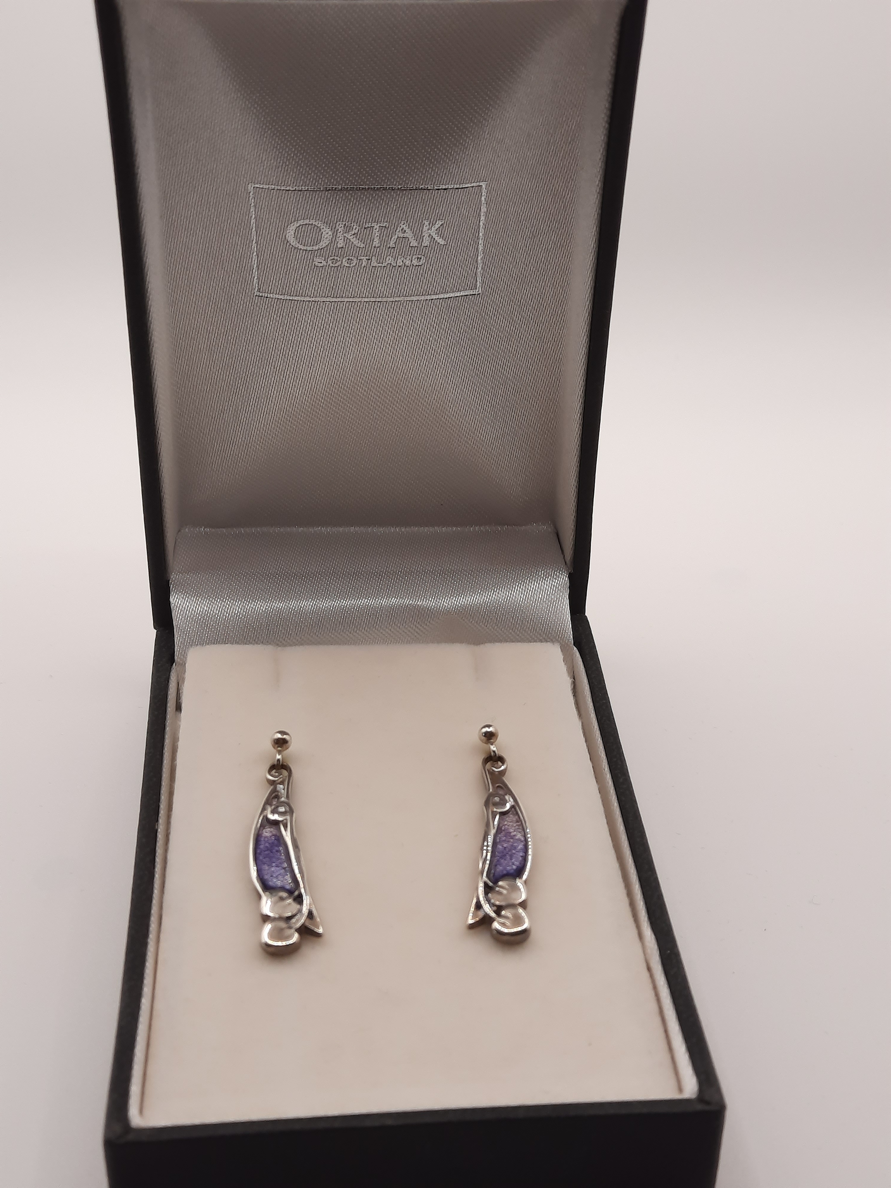ORTAK Sterling Silver Enameled Earrings in an Archibald Knox Style Design - Original Box