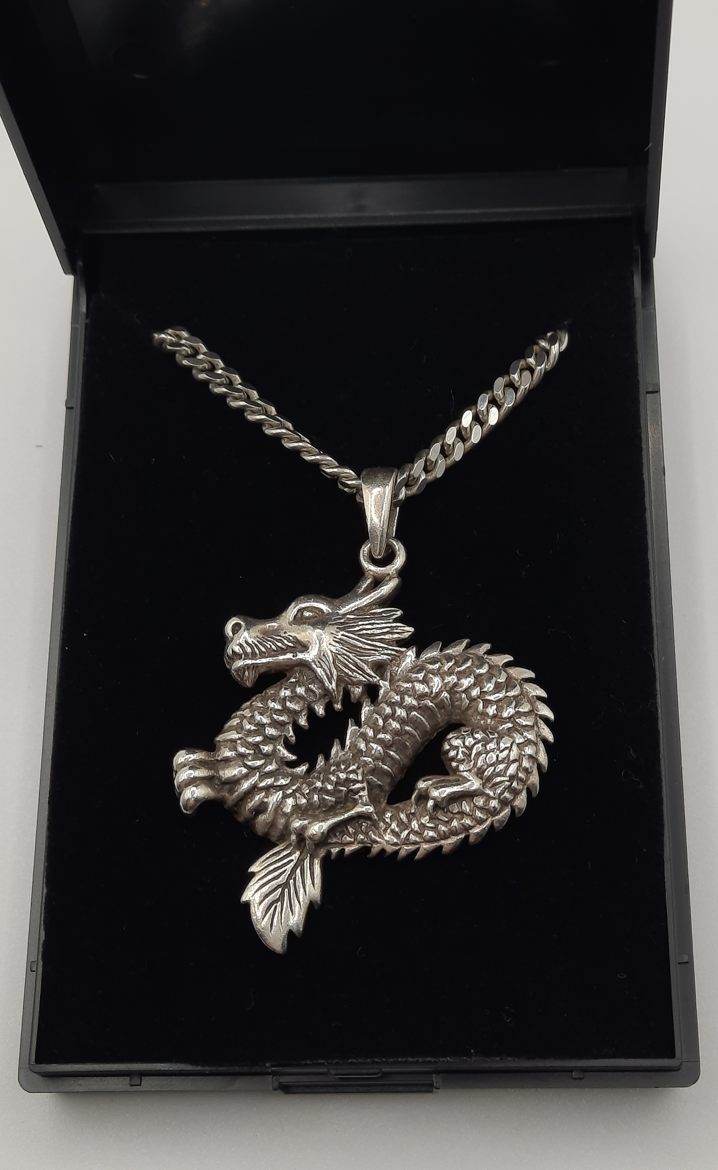 Sterling Silver Dragon Pendant on Thick Sterling Curb Chain