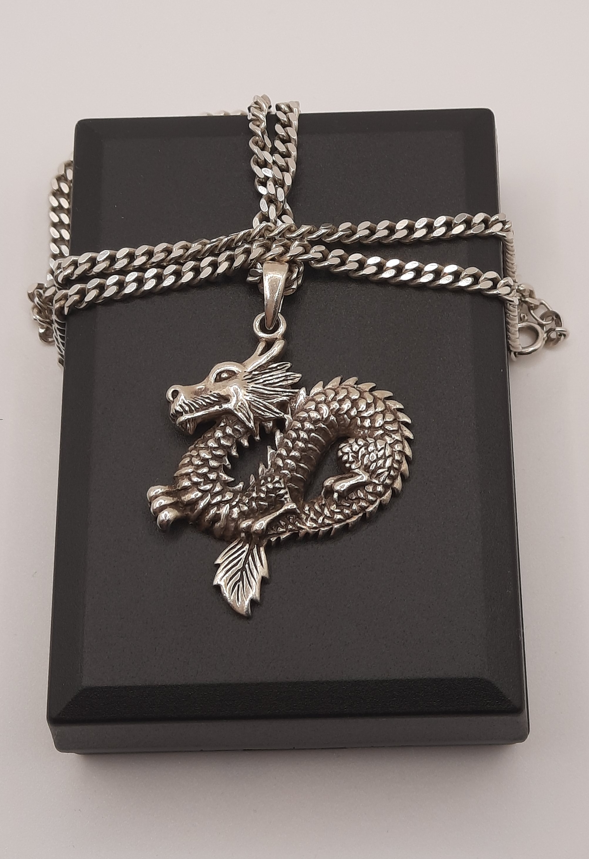 Sterling Silver Dragon Pendant on Thick Sterling Curb Chain