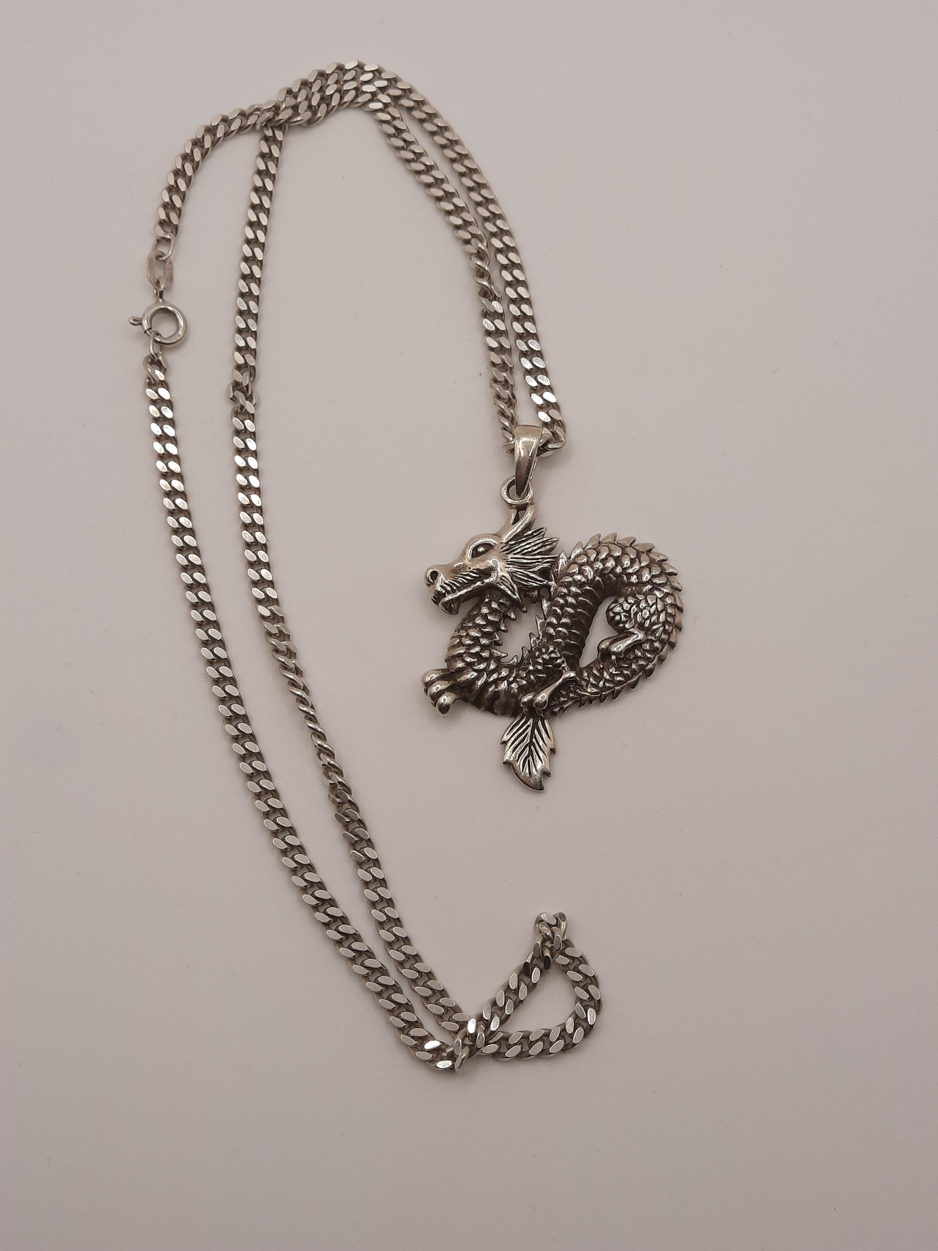 Sterling Silver Dragon Pendant on Thick Sterling Curb Chain