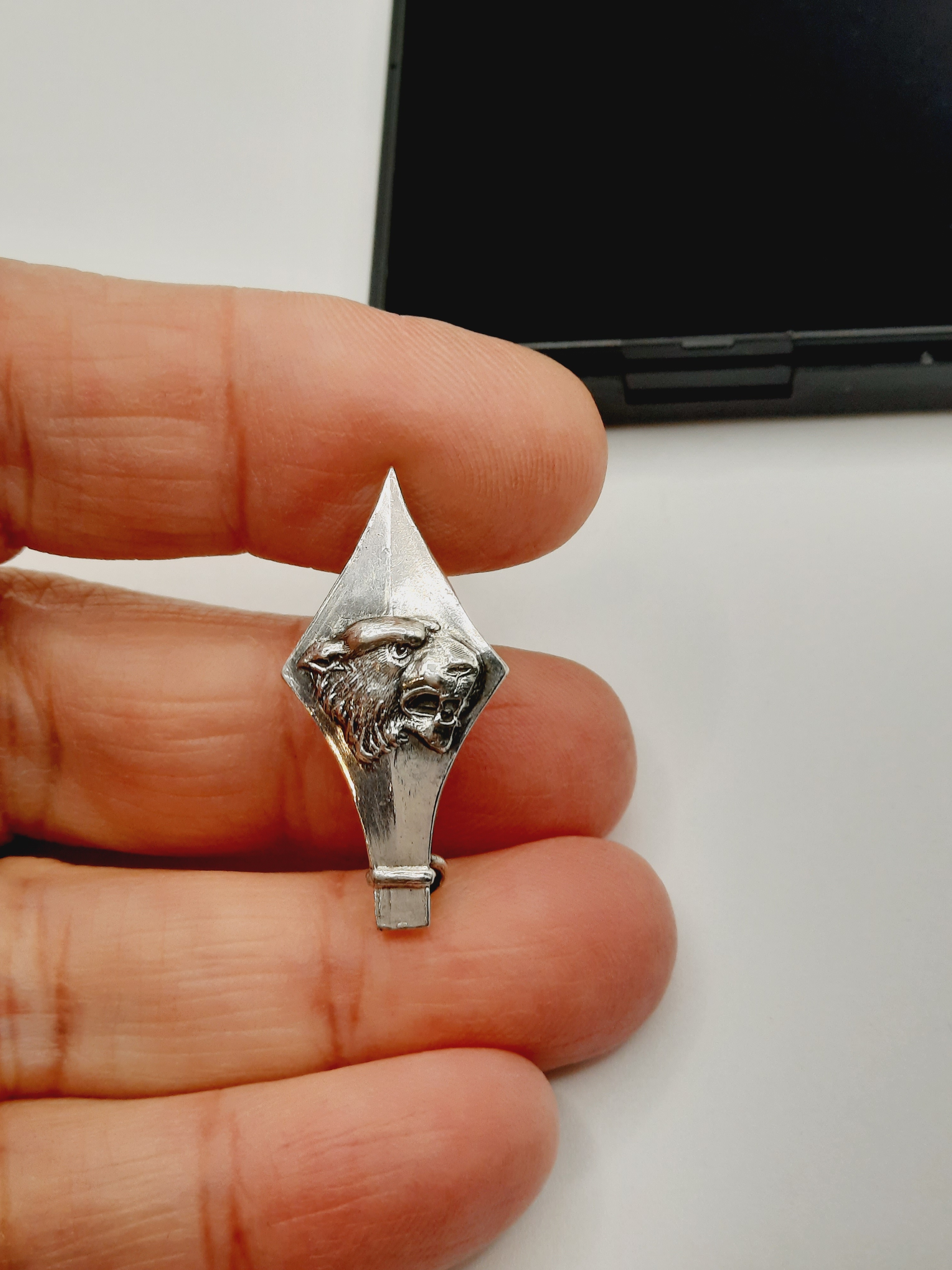 Unusual Vintage Sterling Silver Spear Head Brooch with Tiger's Head Decal