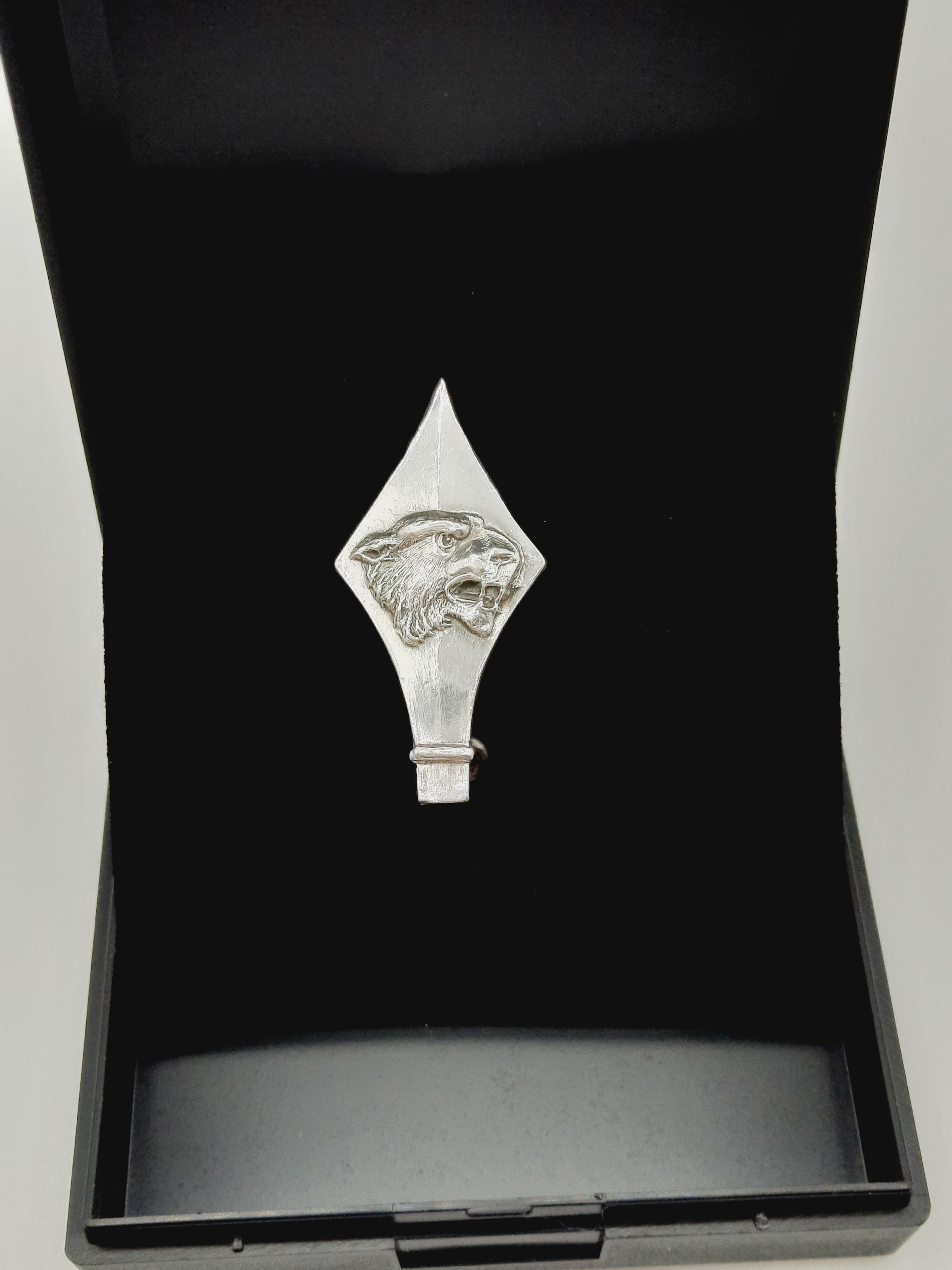 Unusual Vintage Sterling Silver Spear Head Brooch with Tiger's Head Decal