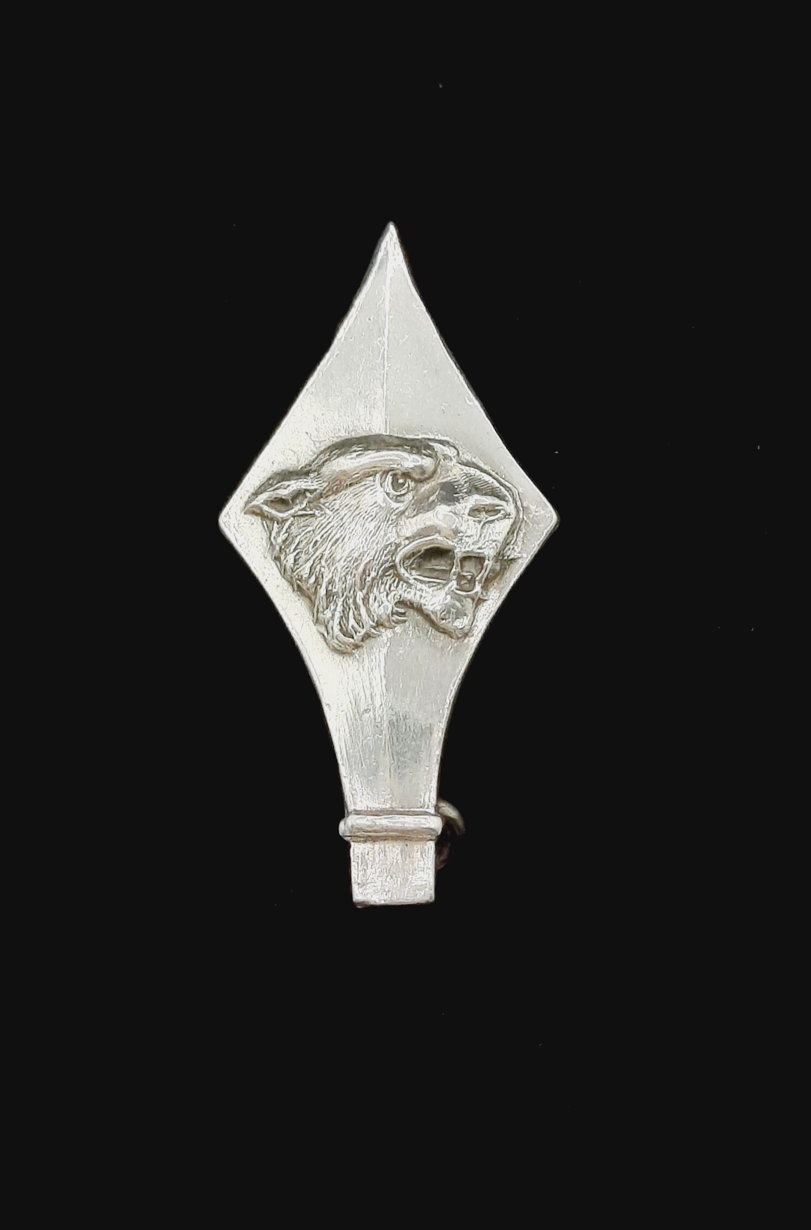 Unusual Vintage Sterling Silver Spear Head Brooch with Tiger's Head Decal