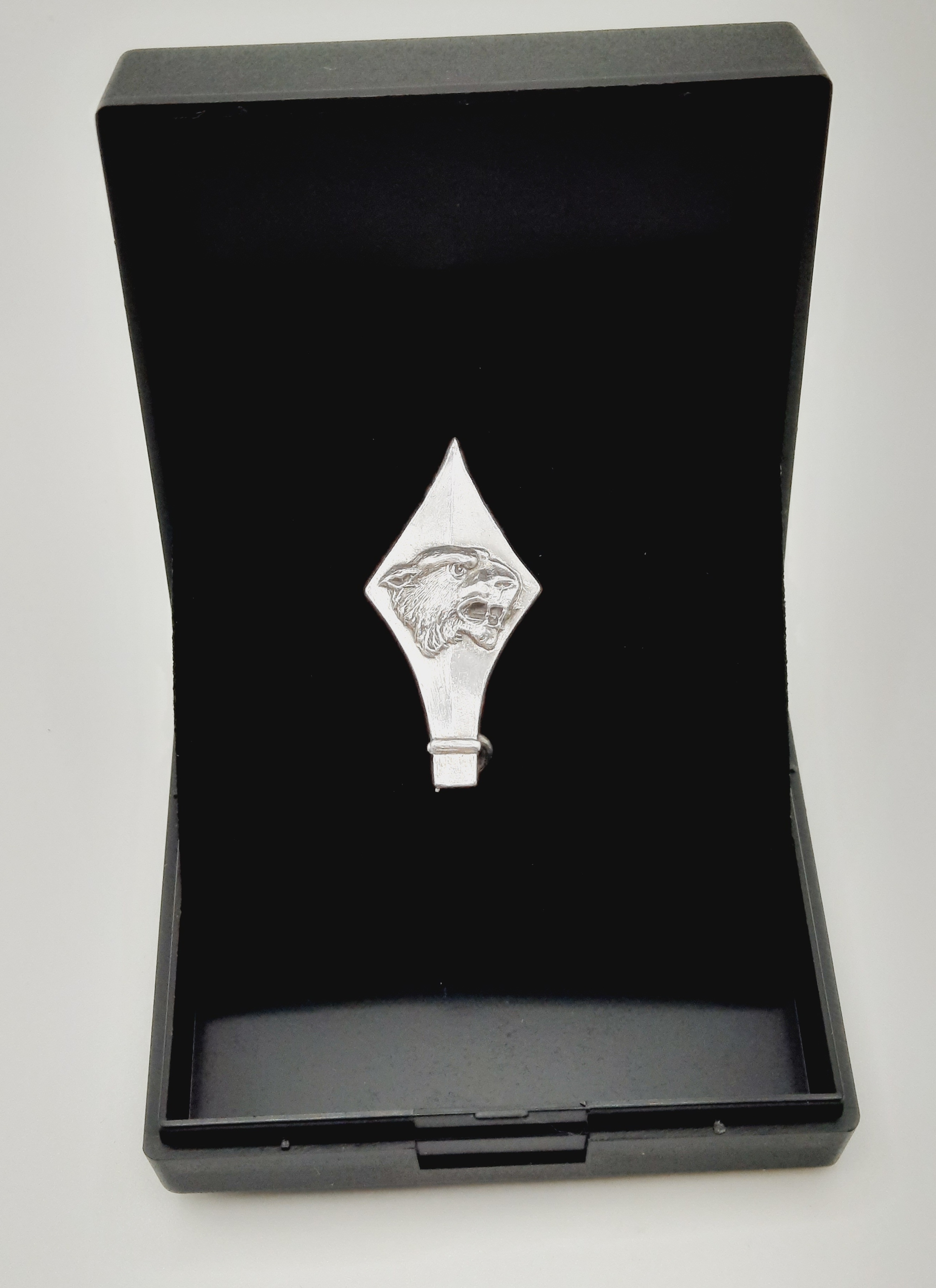 Unusual Vintage Sterling Silver Spear Head Brooch with Tiger's Head Decal