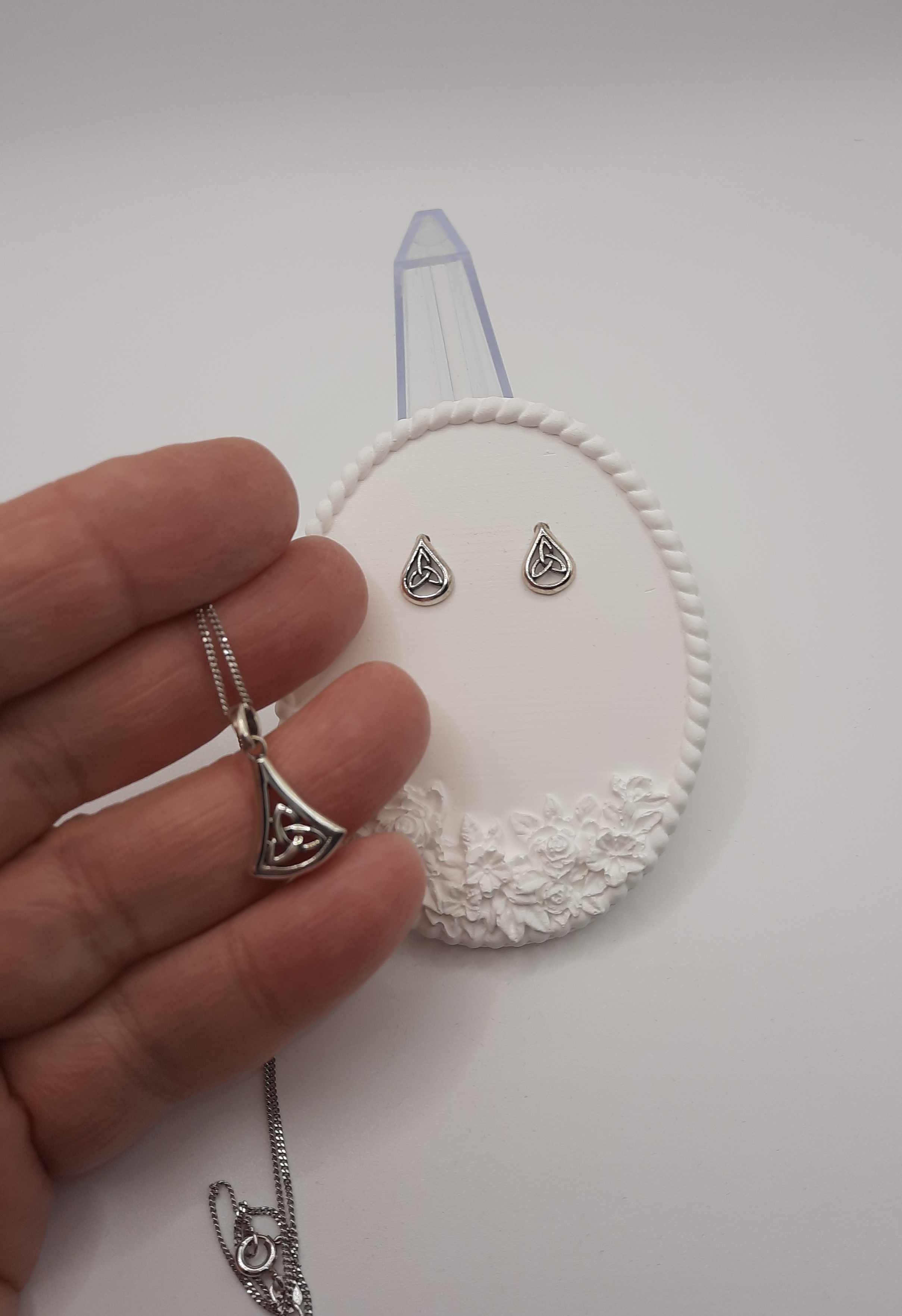 Set of Sterling Silver Celtic Triquetra Pendant and Ear Studs