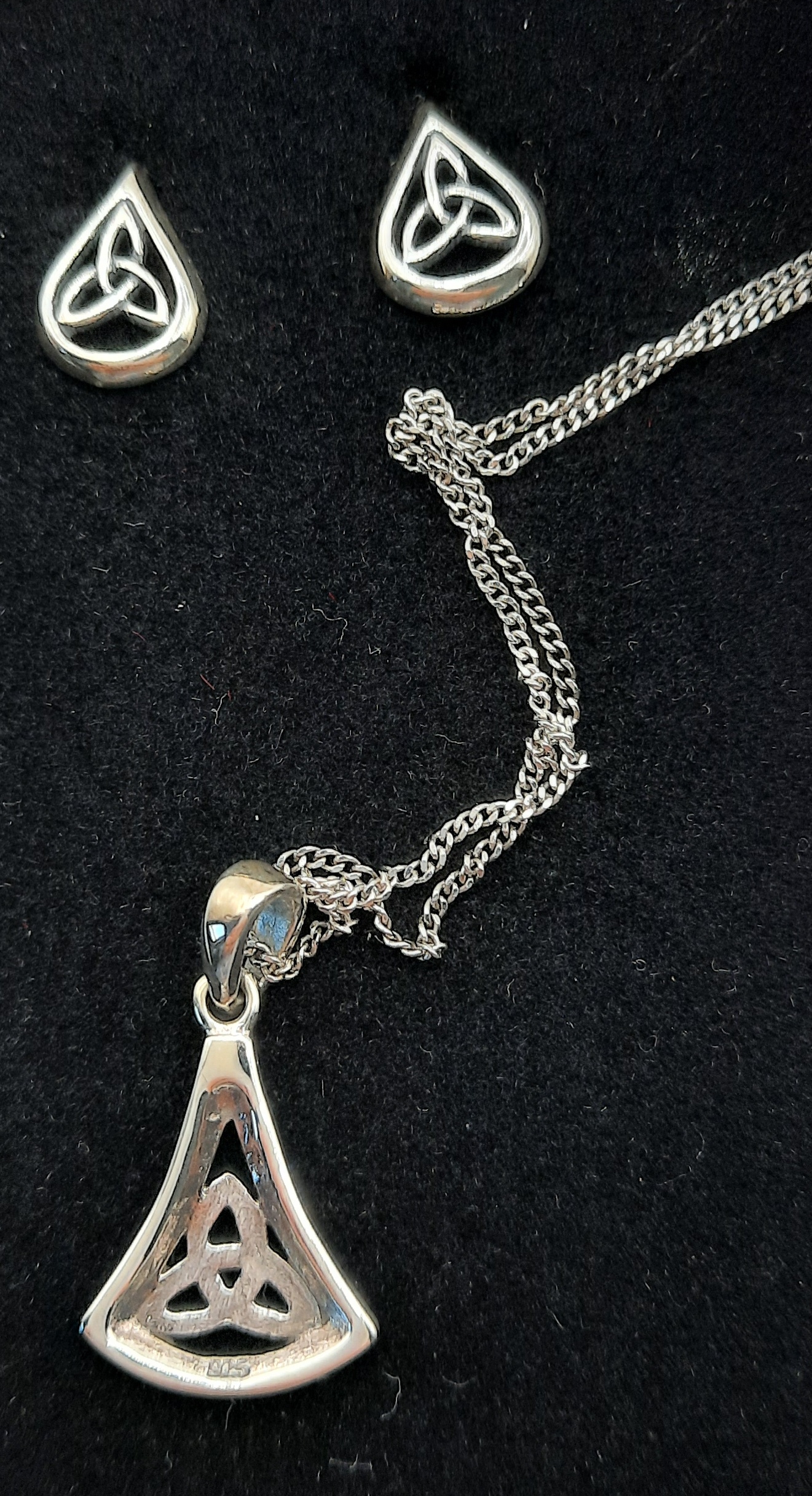 Set of Sterling Silver Celtic Triquetra Pendant and Ear Studs