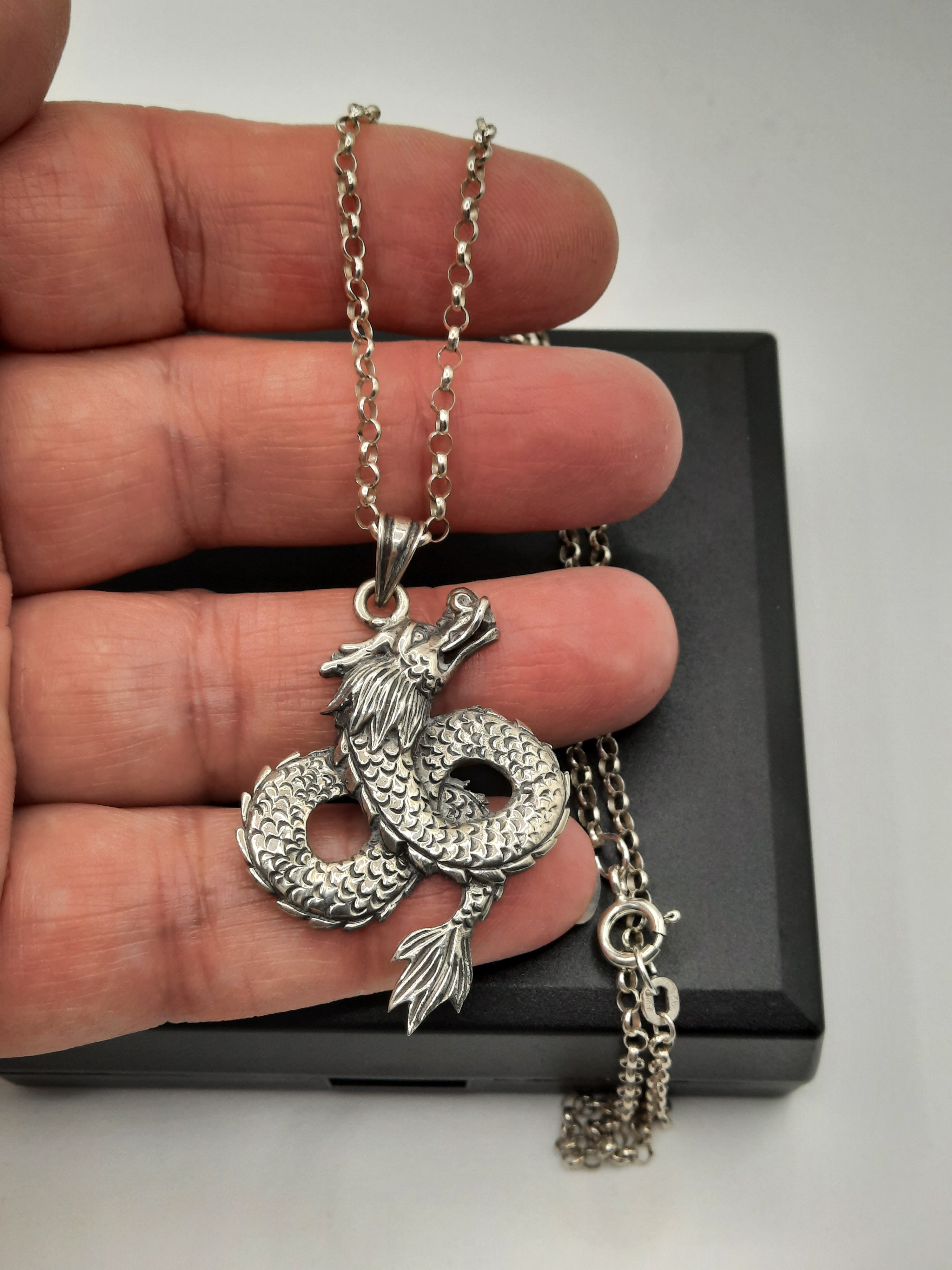Sterling Silver Dragon Pendant on Sterling Belcher Chain