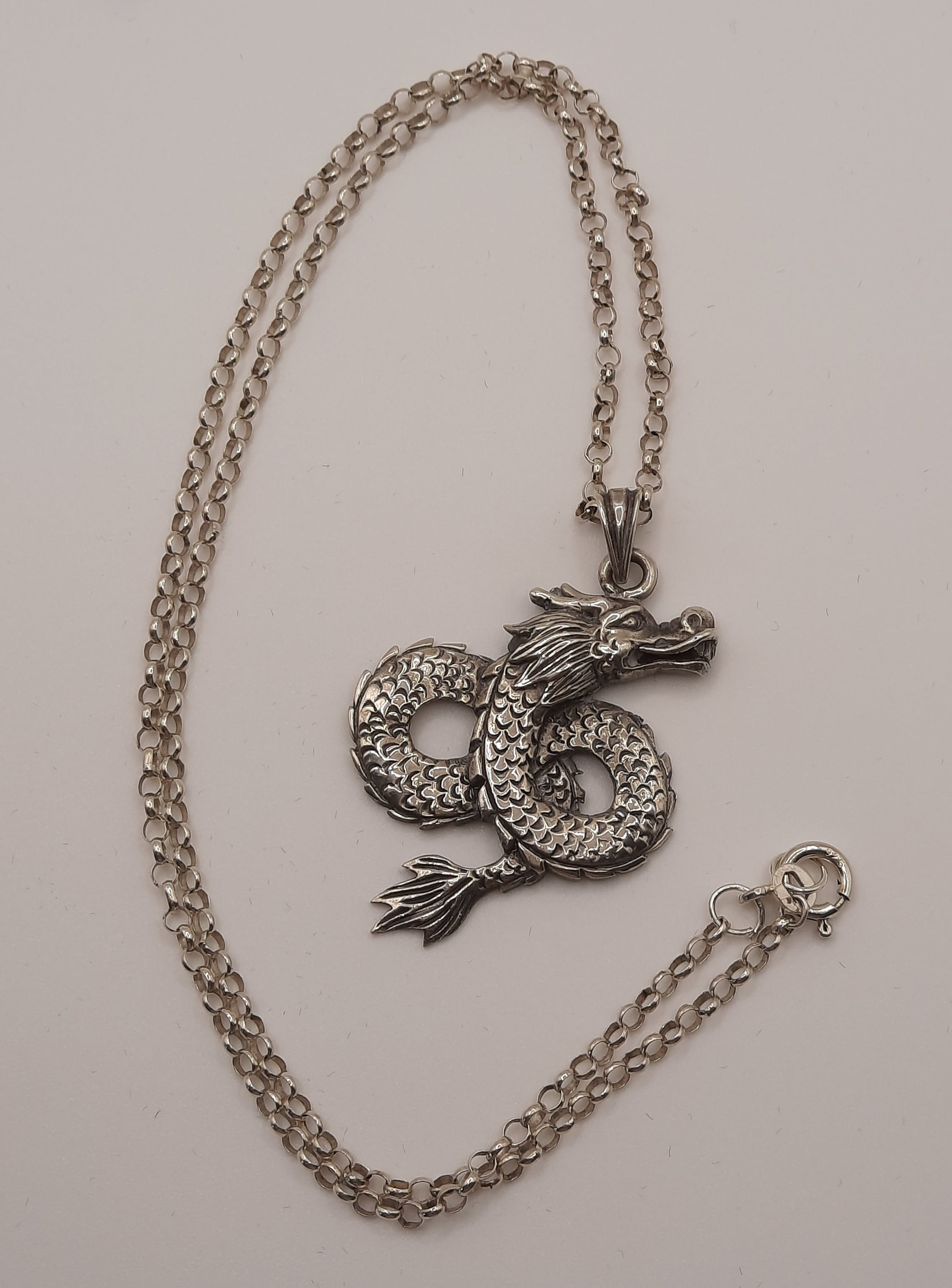 Sterling Silver Dragon Pendant on Sterling Belcher Chain