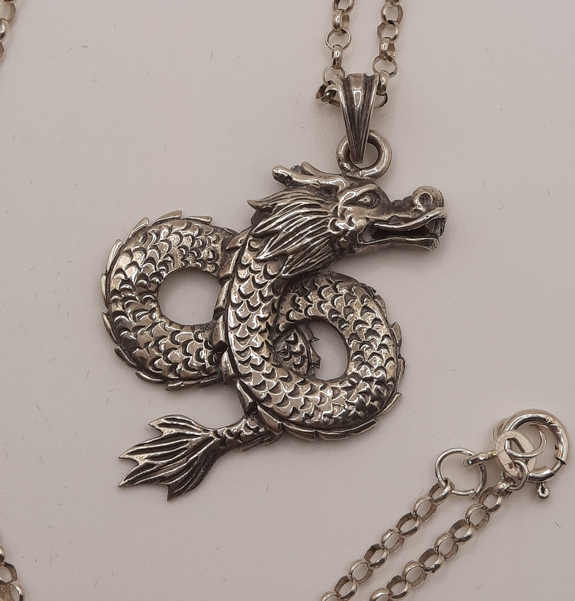 Sterling Silver Dragon Pendant on Sterling Belcher Chain