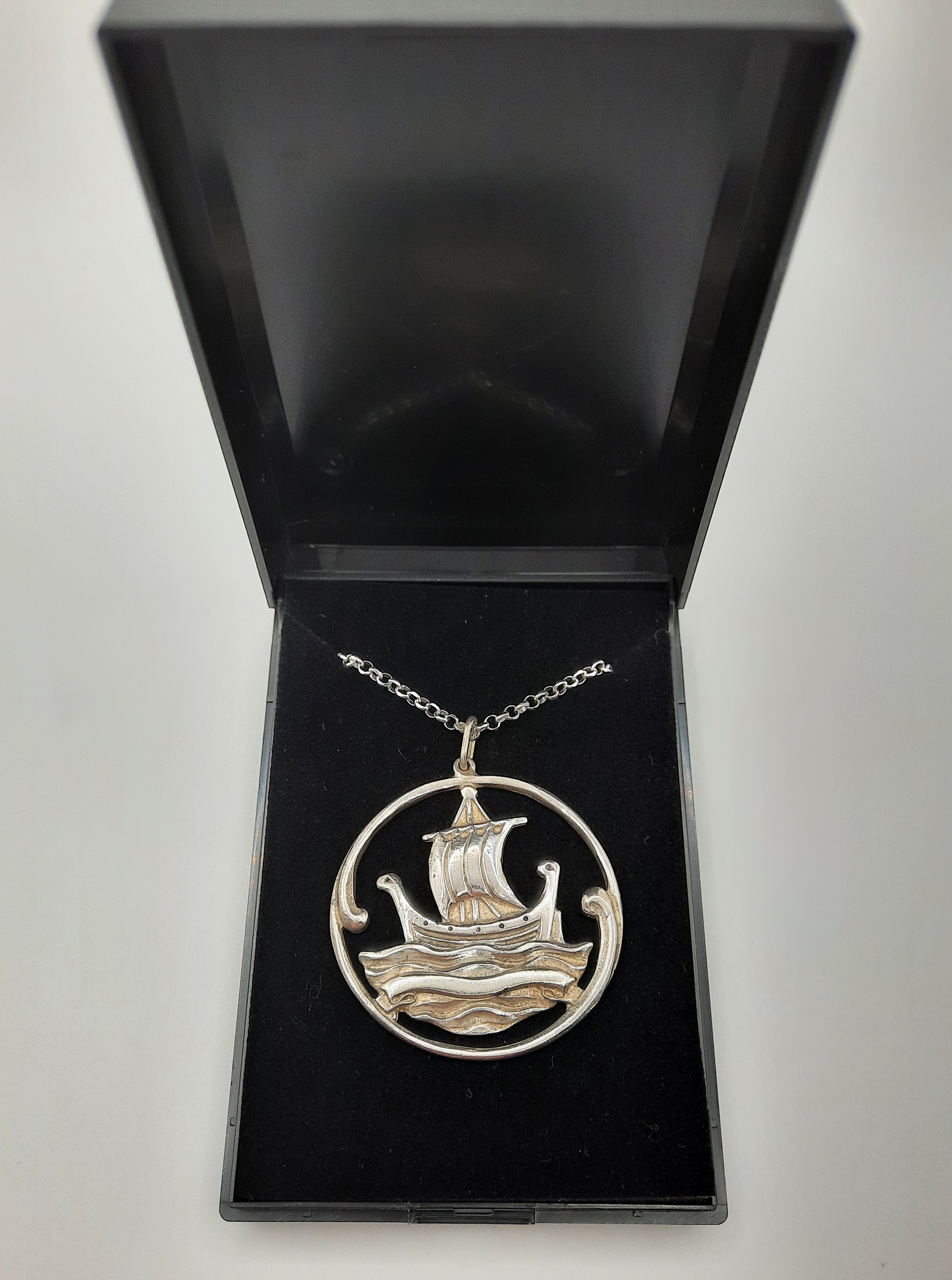 Vintage Sterling Silver Large Viking Boat Design Pendant and Chain