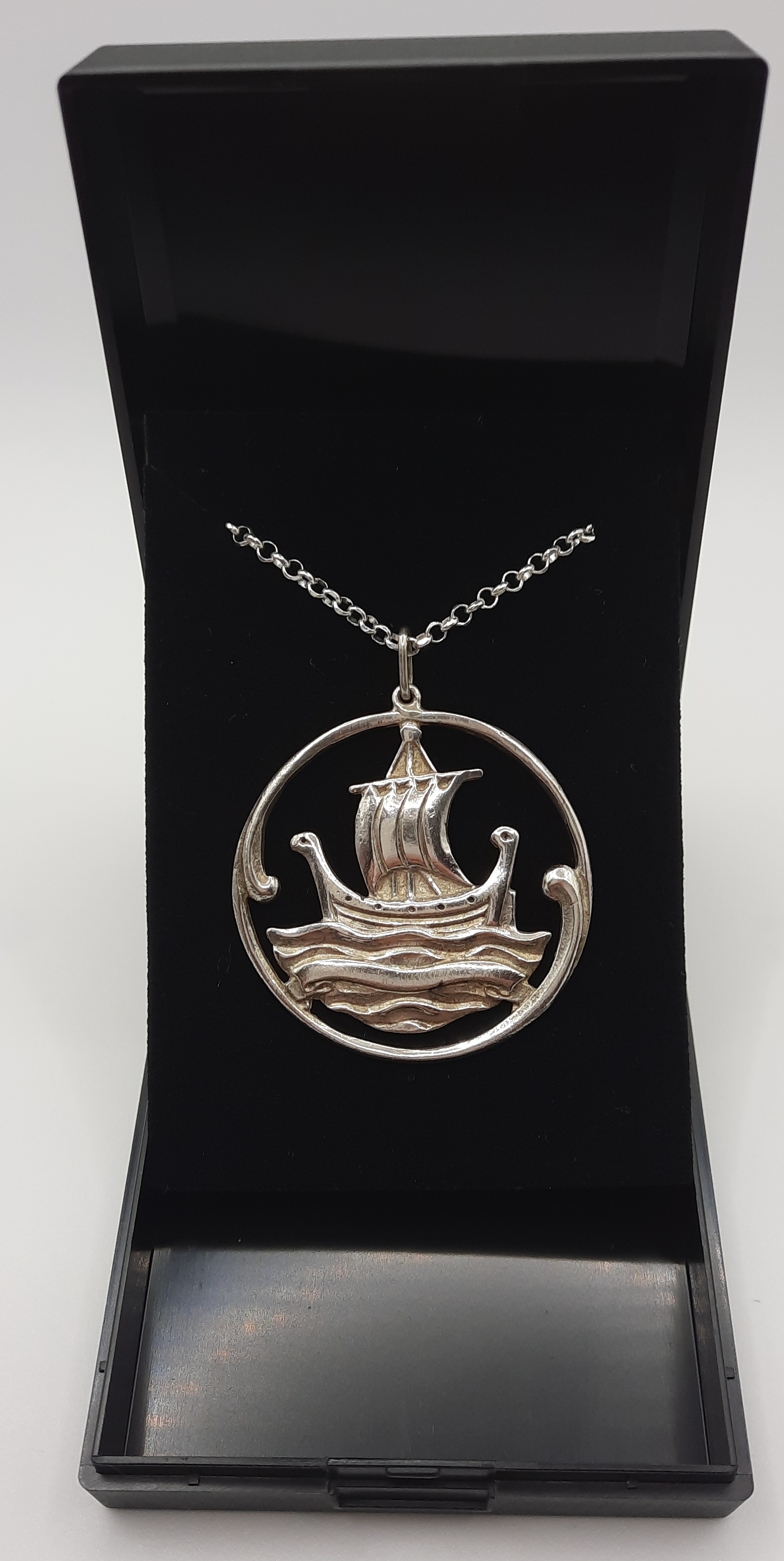 Vintage Sterling Silver Large Viking Boat Design Pendant and Chain
