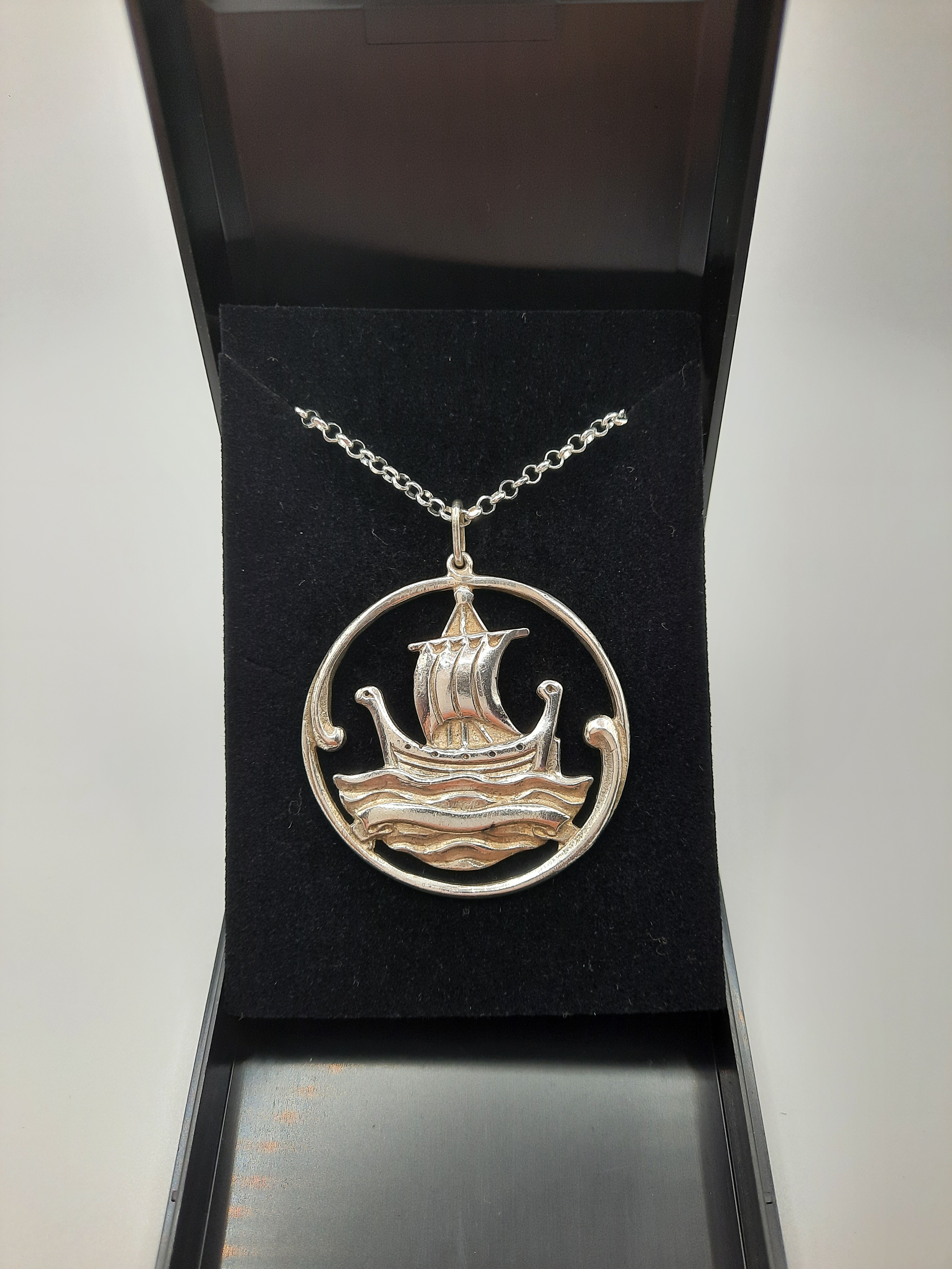 Vintage Sterling Silver Large Viking Boat Design Pendant and Chain