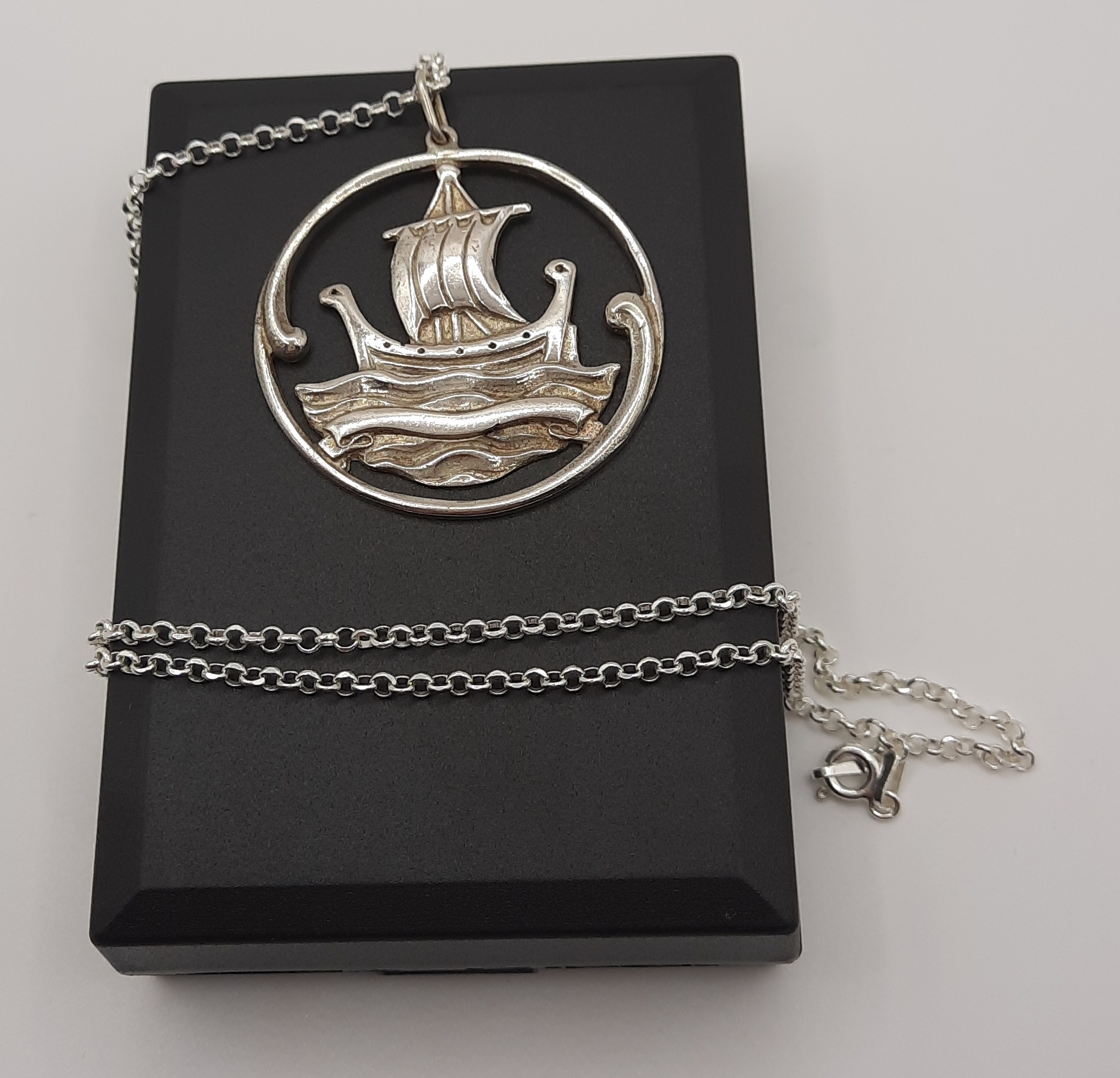 Vintage Sterling Silver Large Viking Boat Design Pendant and Chain