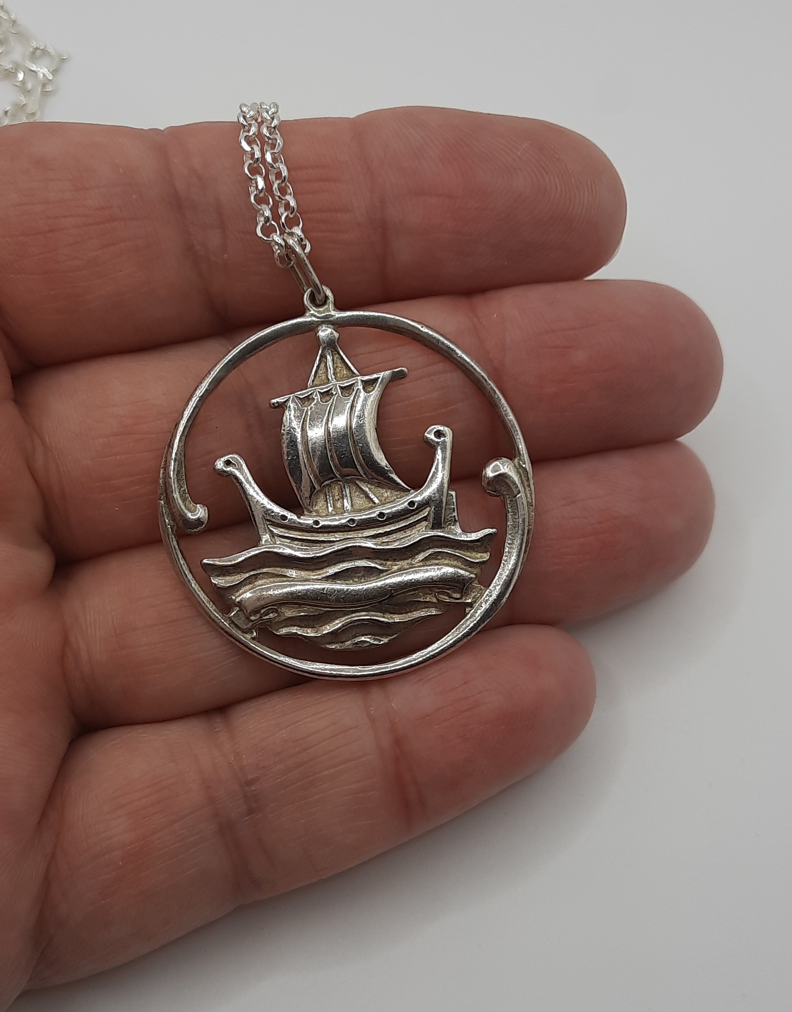 Vintage Sterling Silver Large Viking Boat Design Pendant and Chain