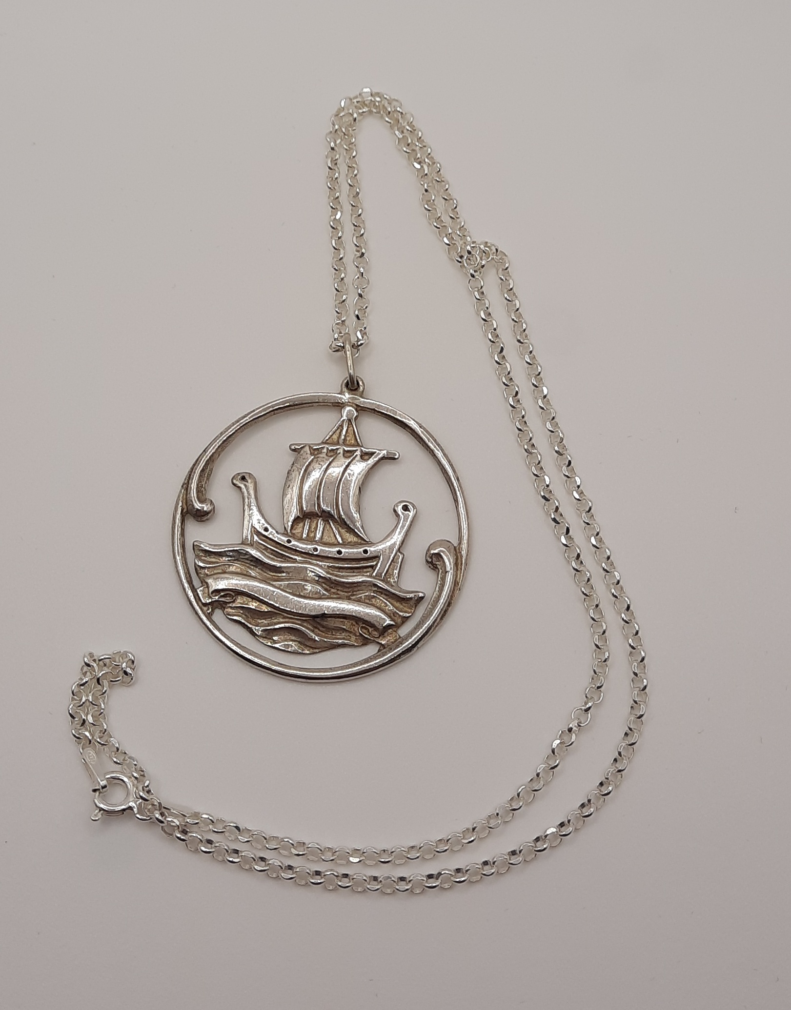 Vintage Sterling Silver Large Viking Boat Design Pendant and Chain