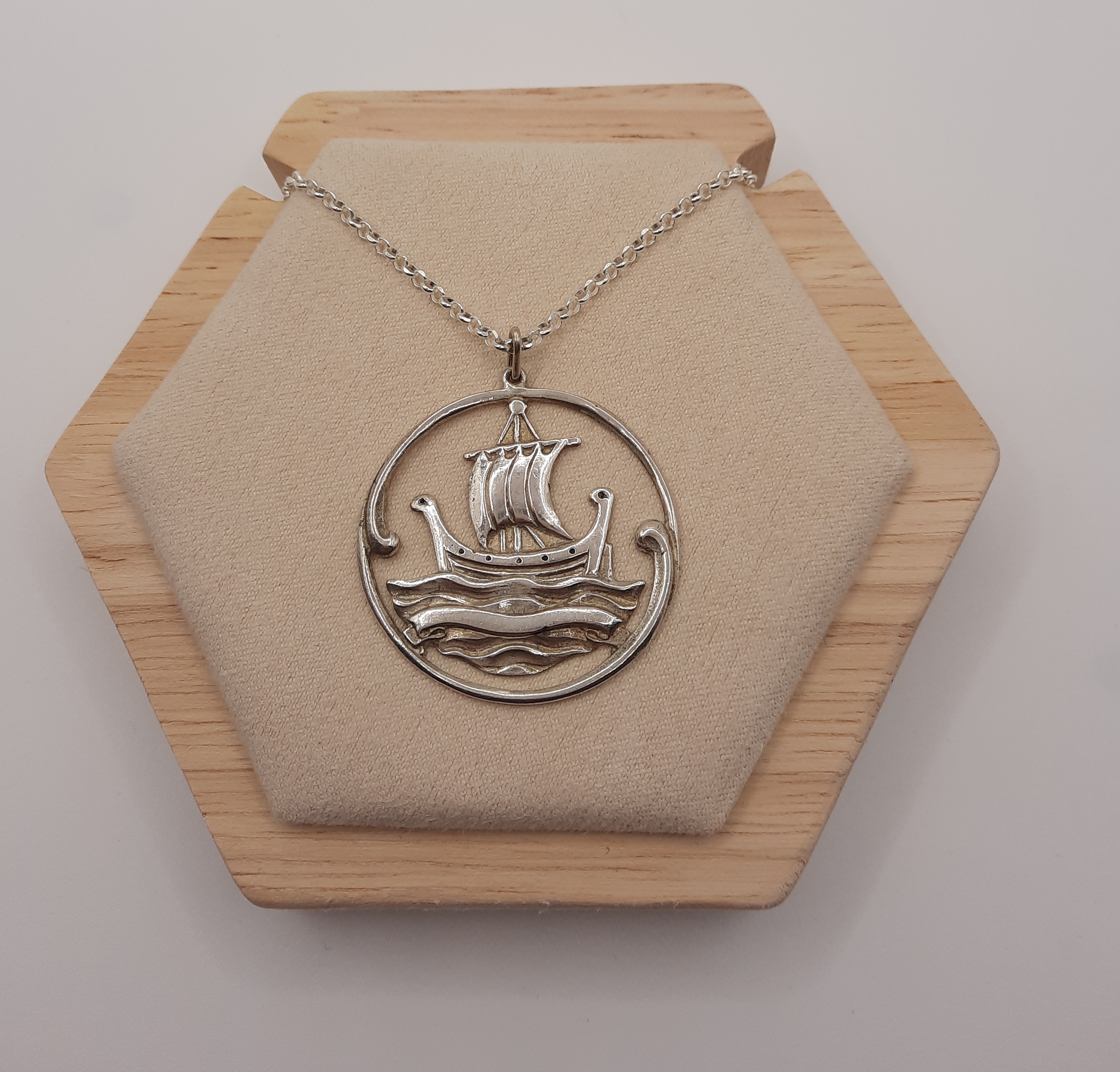 Vintage Sterling Silver Large Viking Boat Design Pendant and Chain