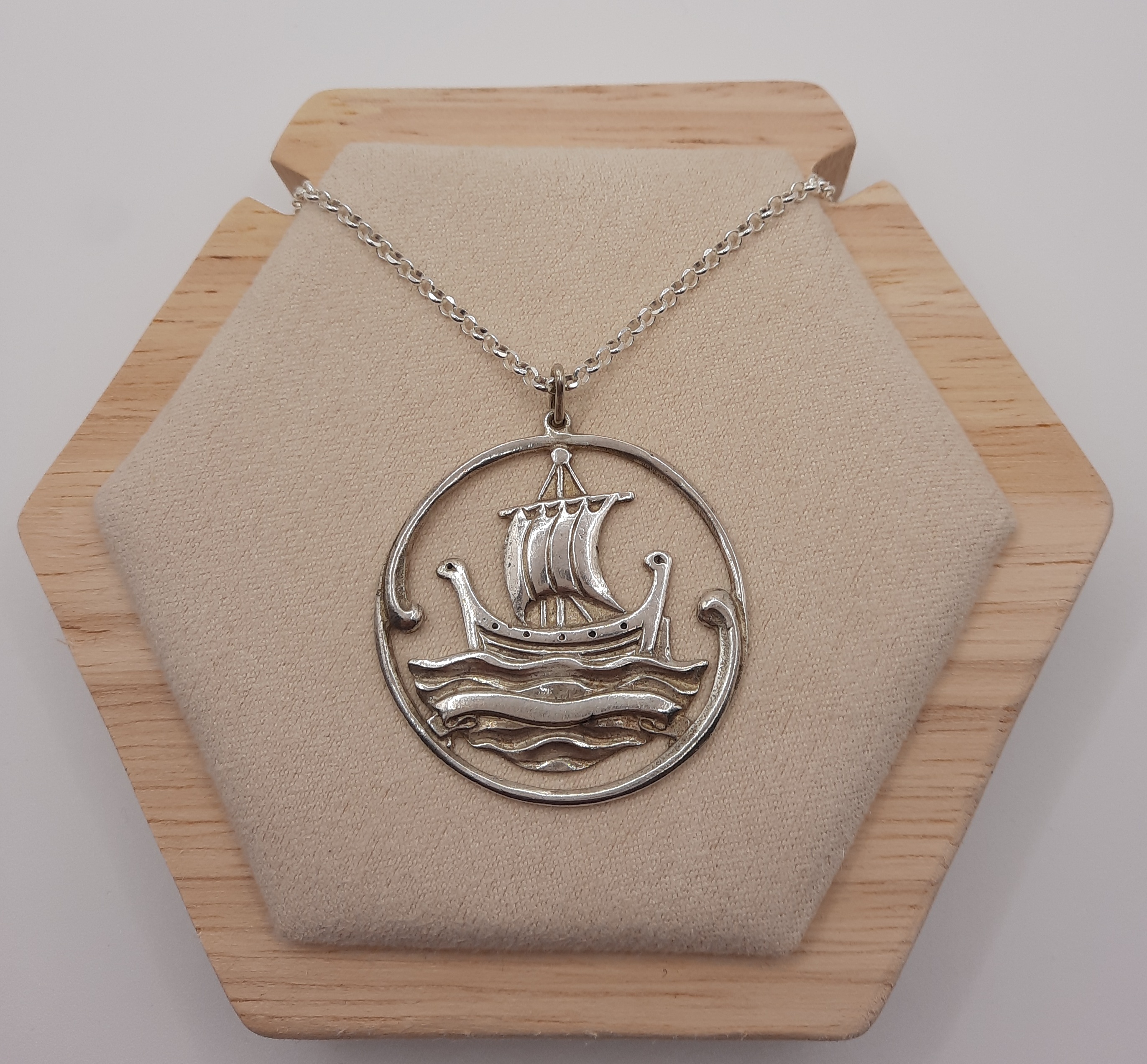 Vintage Sterling Silver Large Viking Boat Design Pendant and Chain