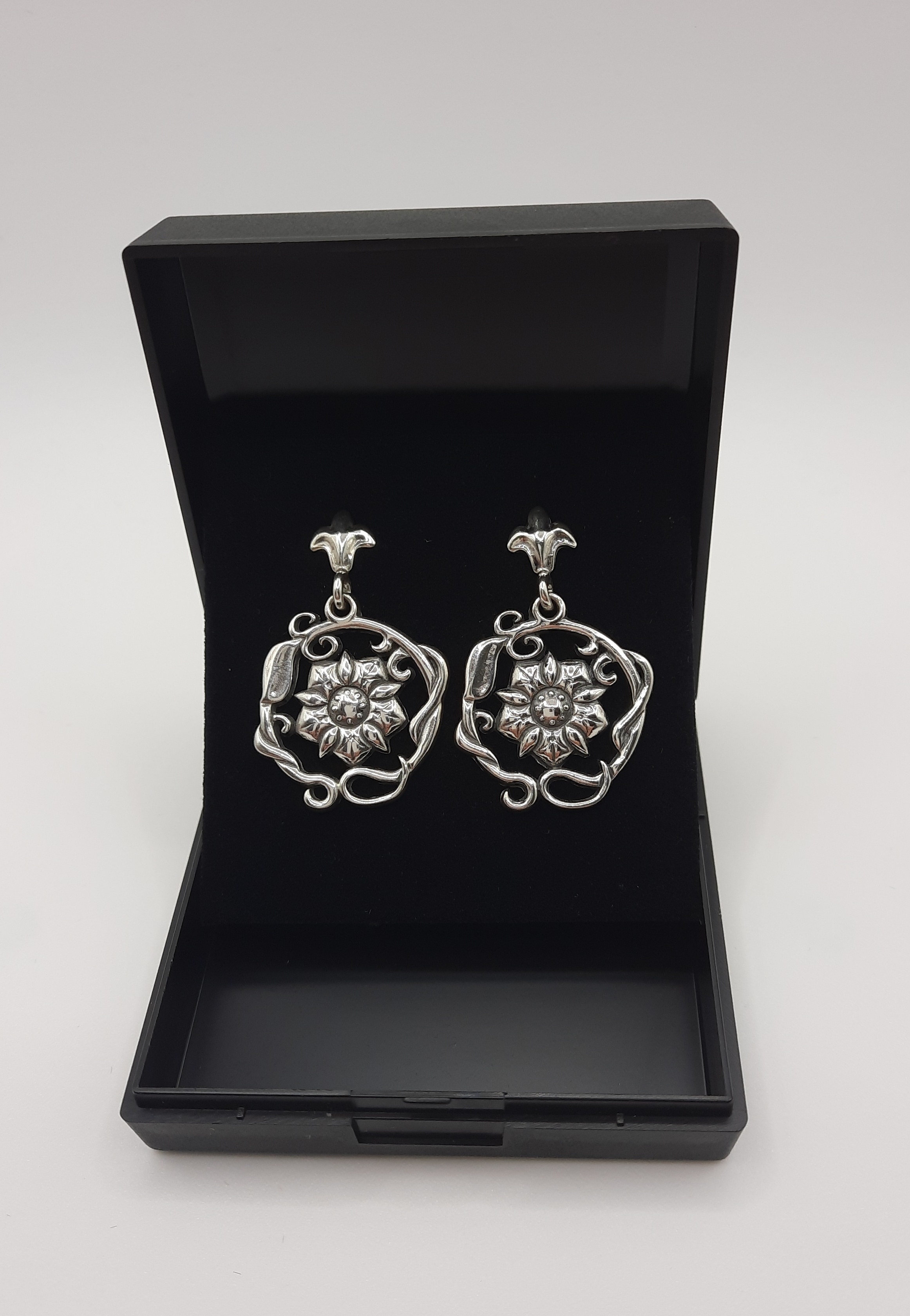 Sterling Silver Flower Design Drop Earrings
