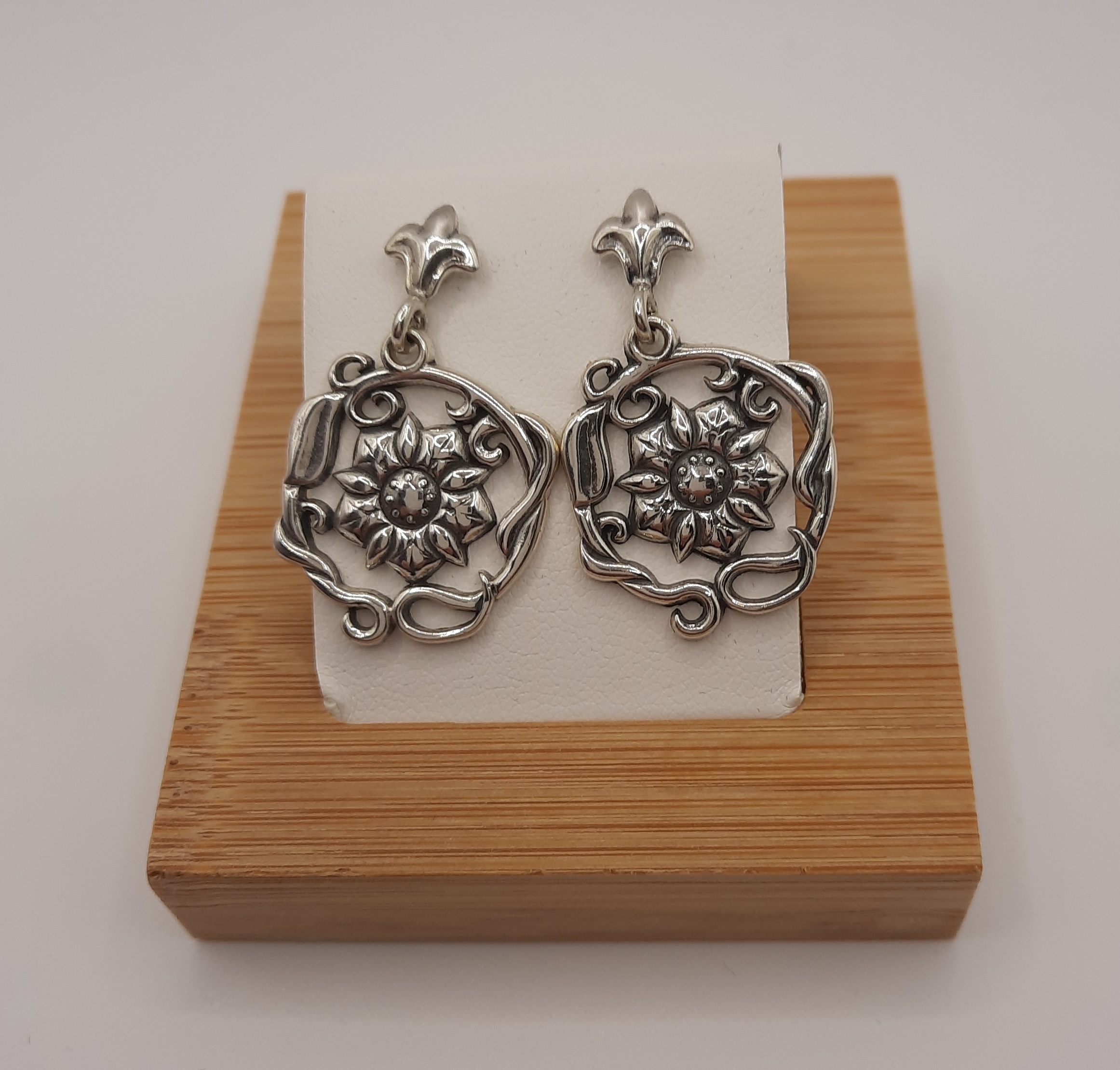 Sterling Silver Flower Design Drop Earrings