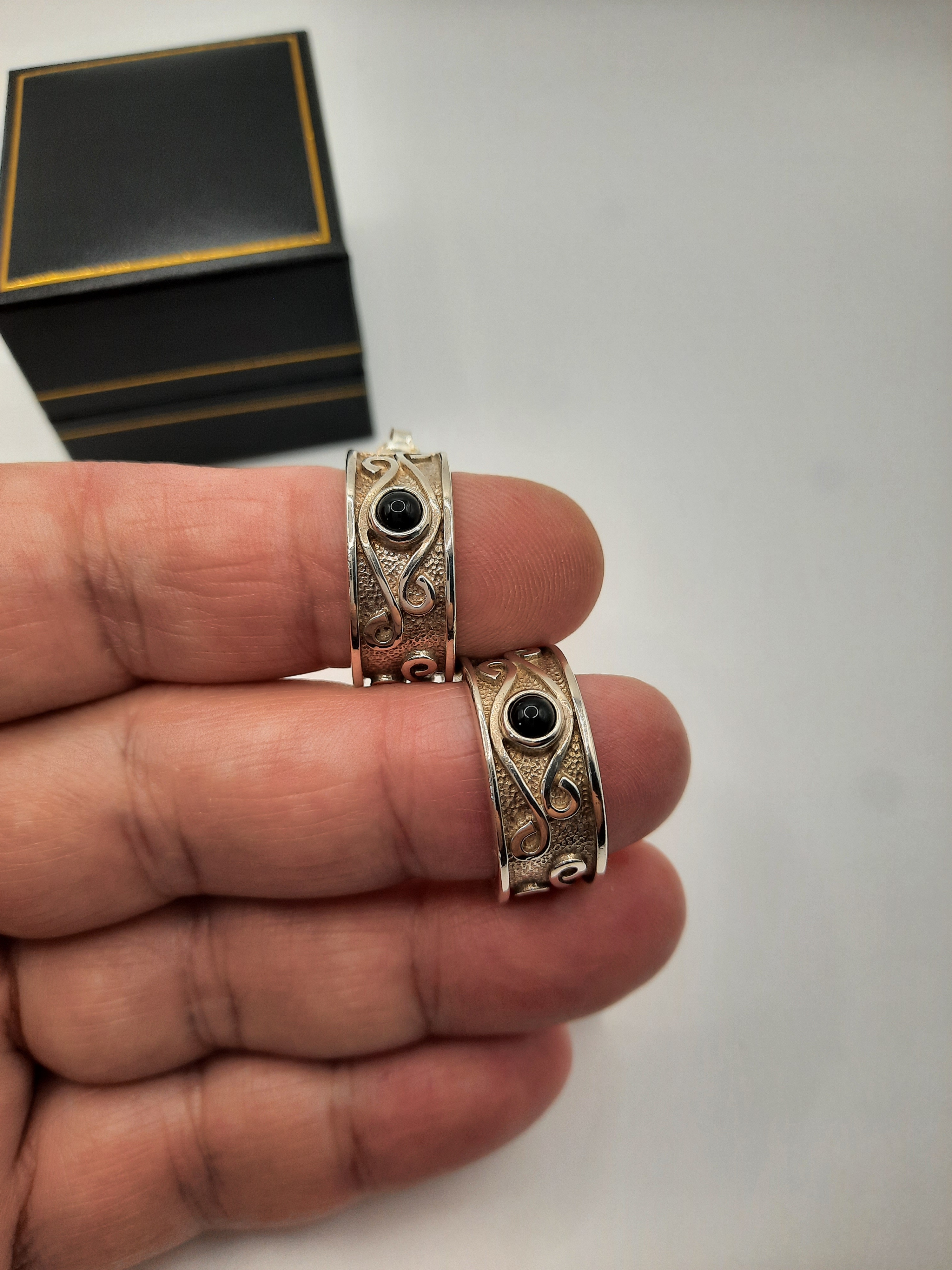 Unusual Ortak Thick Sterling Silver Half Hoop Earrings set with Garnets