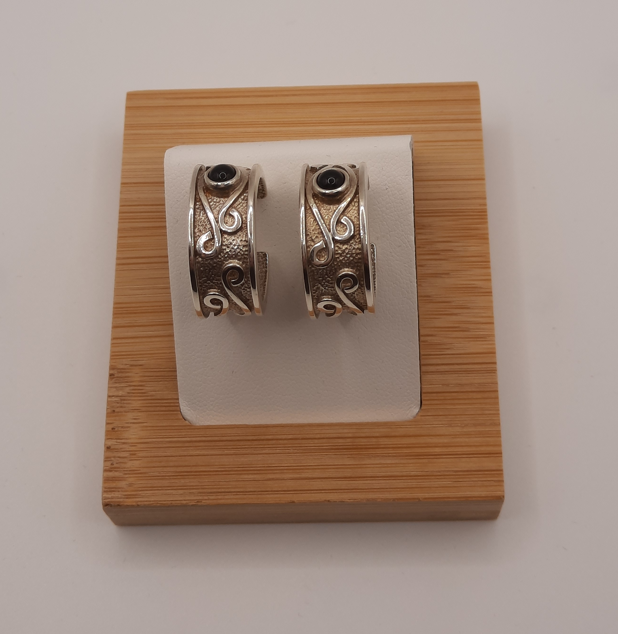 Unusual Ortak Thick Sterling Silver Half Hoop Earrings set with Garnets