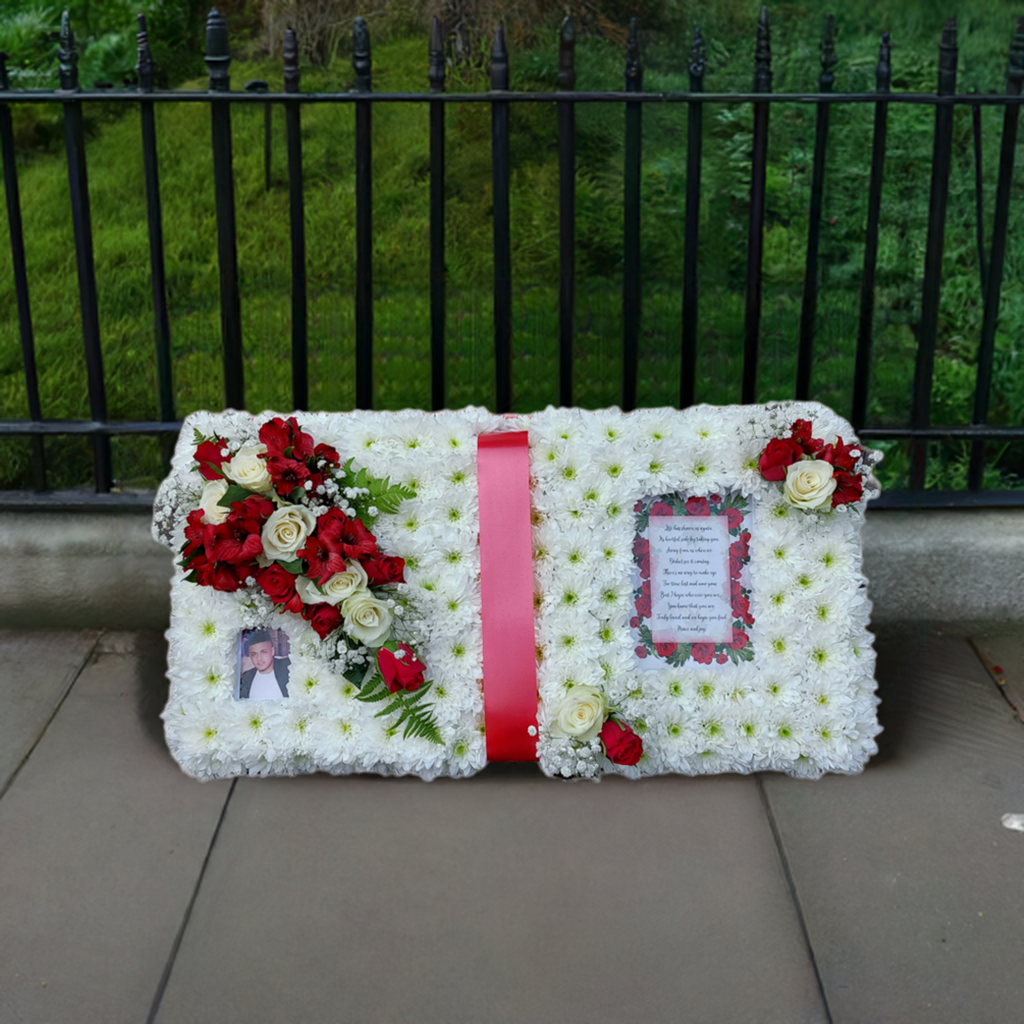 Open book flower tribute