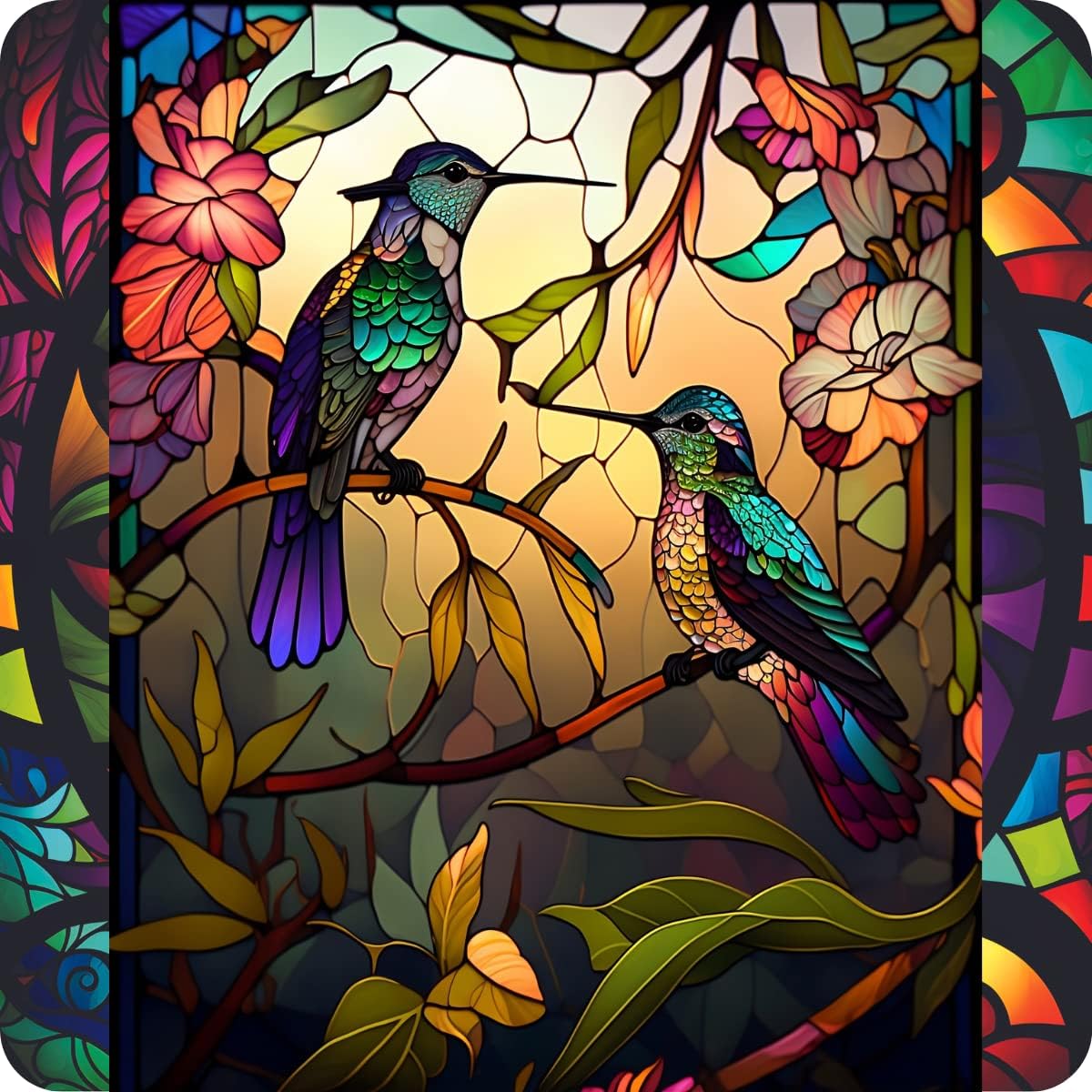 Set of 6 Stained Glass Effect Humming Bird Square MDF Coaster - Set-05