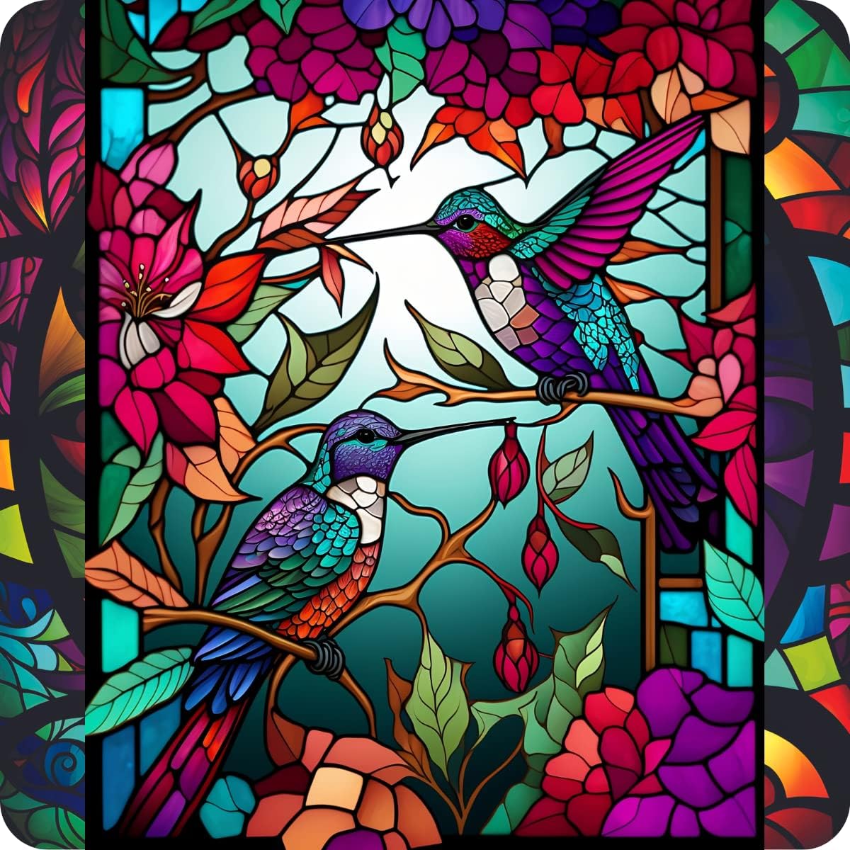 Set of 6 Stained Glass Effect Humming Bird Square MDF Coaster - Set-05