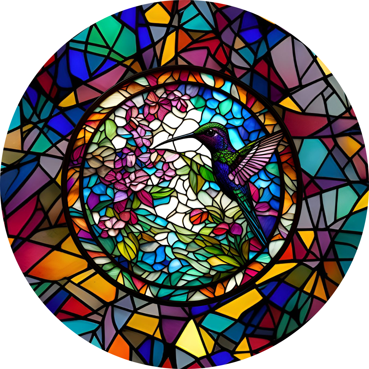 Set of 6 Stained Glass Effect Hummingbird Round MDF Coaster - Set-28