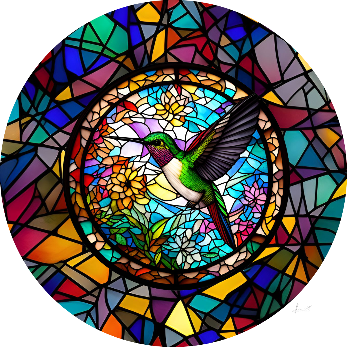 Set of 6 Stained Glass Effect Hummingbird Round MDF Coaster - Set-28