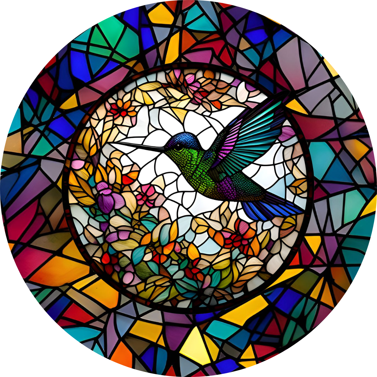 Set of 6 Stained Glass Effect Hummingbird Round MDF Coaster - Set-28
