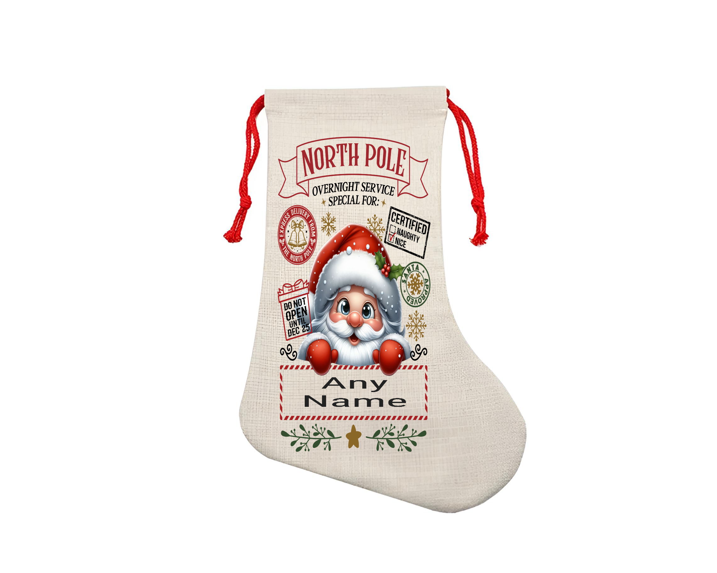 Custom Printed Personalised Linen Xmas Stocking - Santa