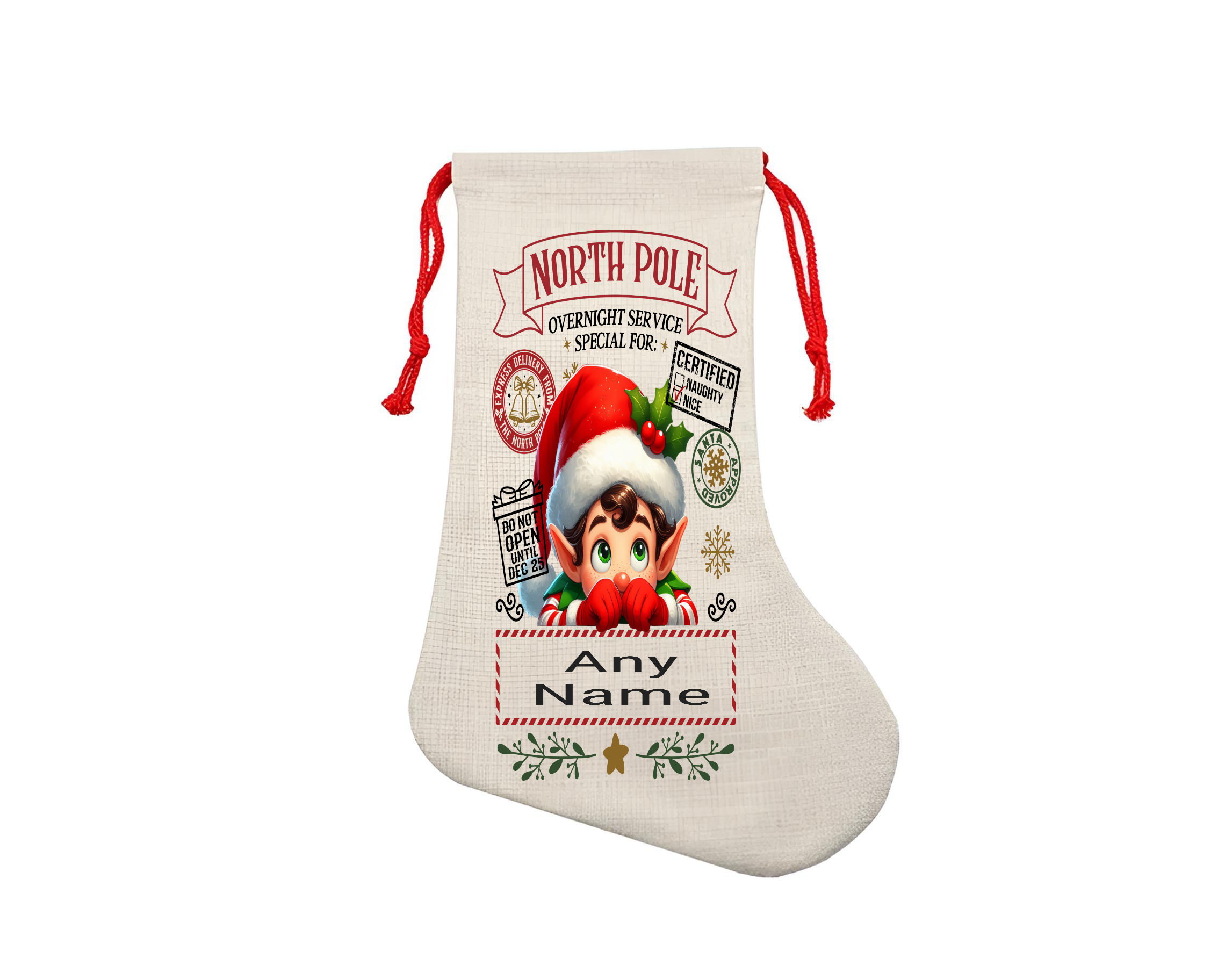 Custom Printed Personalised Linen Xmas Stocking - Elf