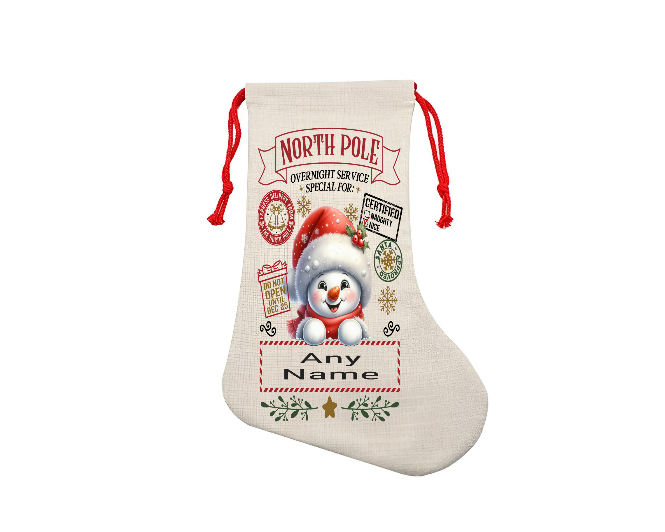 Custom Printed Personalised Linen Xmas Stocking - Snowman