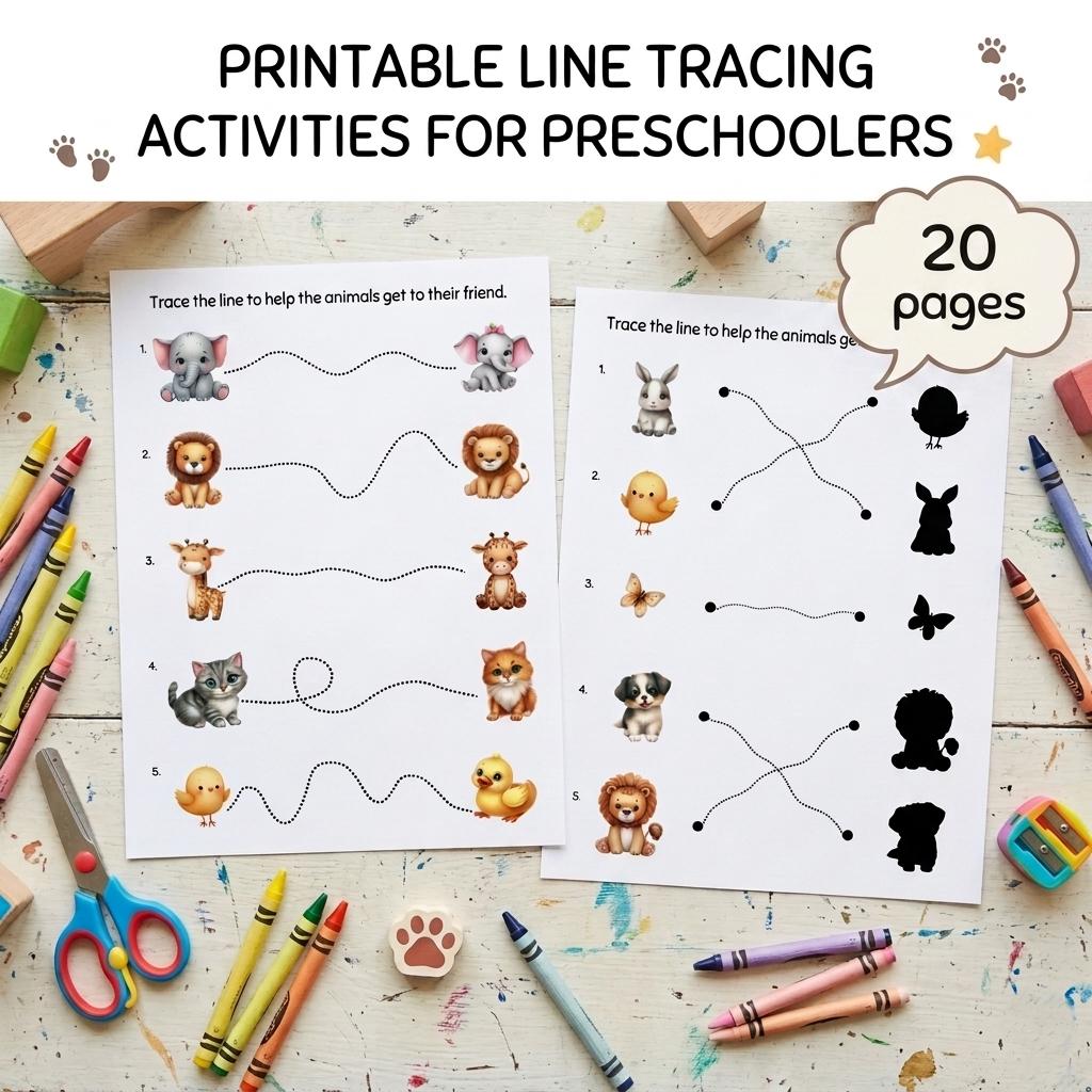 Preschool Line Tracing Activity with Animals | 20 Printable Pages