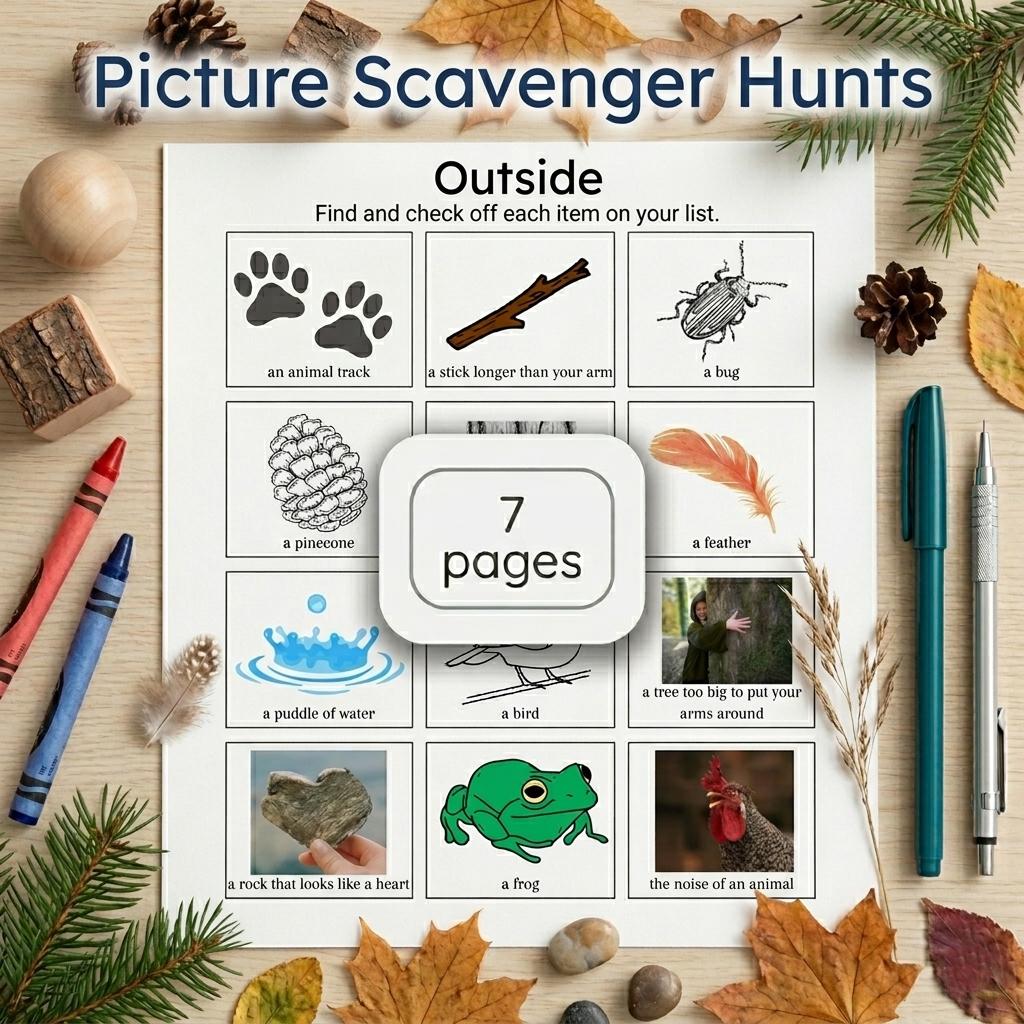 Picture Scavenger Hunts for preschoolers (ages 3-6) including outdoors, indoors, summertime, on the