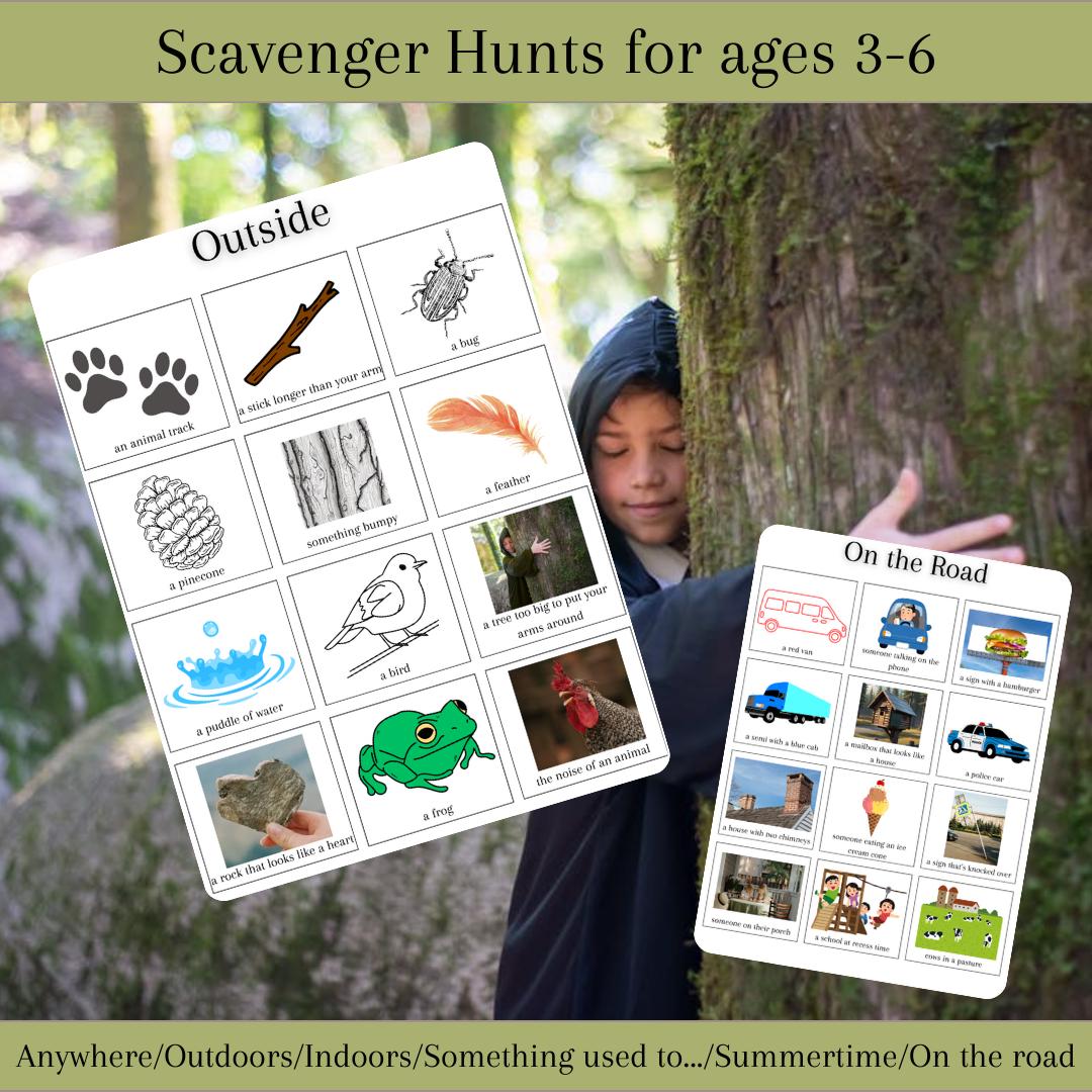 Picture Scavenger Hunts for preschoolers (ages 3-6) including outdoors, indoors, summertime, on the