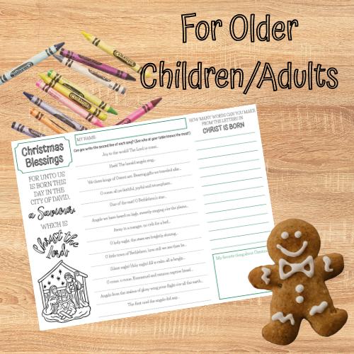 Christmas Activity Placemat - activities for children and adults featuring Christmas hymns and color