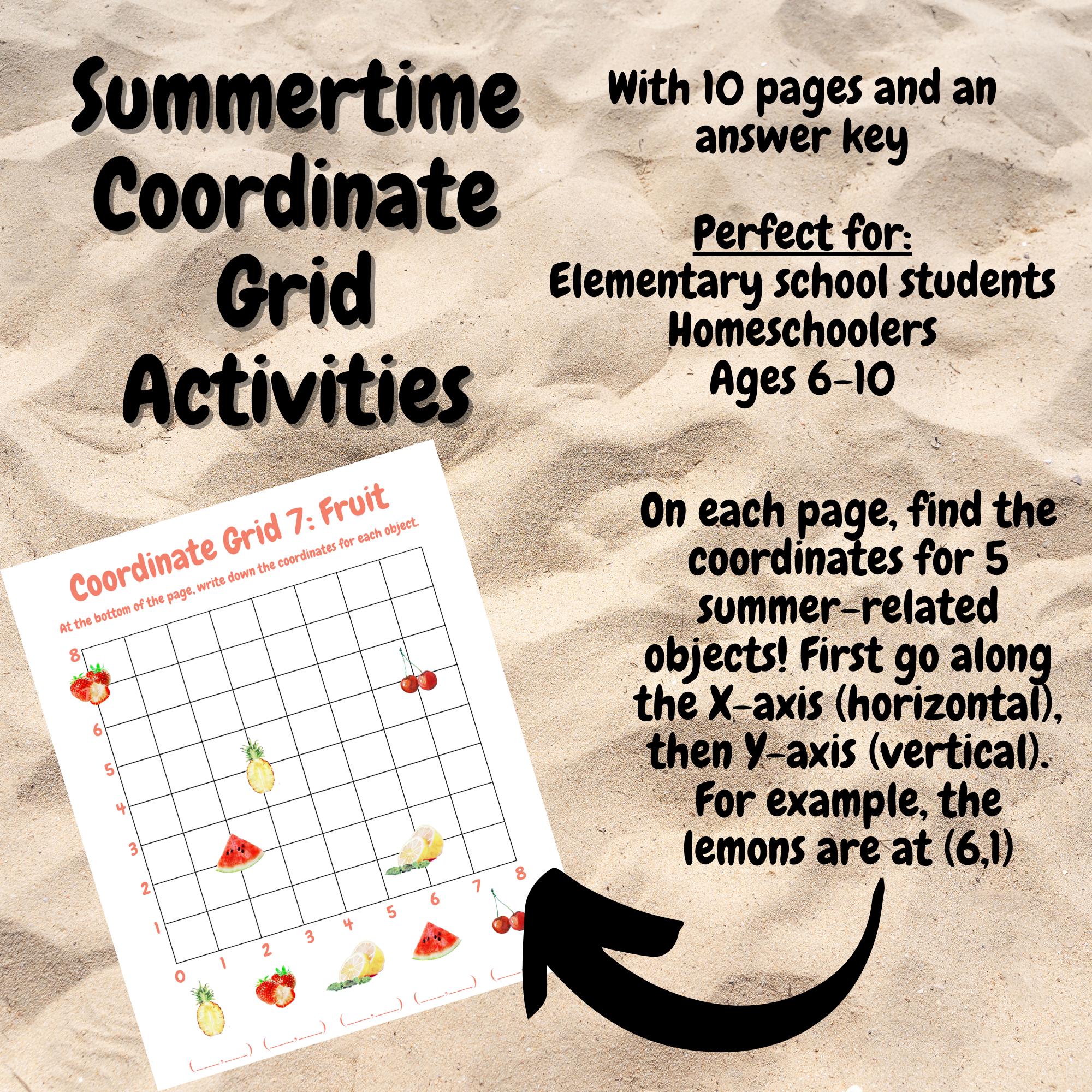 Coordinate Grid Activities with Pictures | Summer theme | Math practice for Homeschool or Elementary