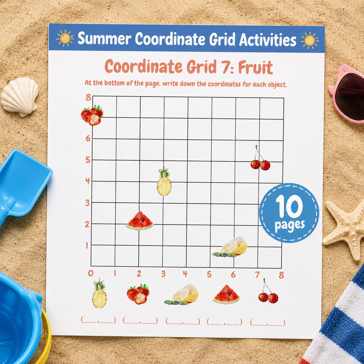 Coordinate Grid Activities with Pictures | Summer theme | Math practice for Homeschool or Elementary