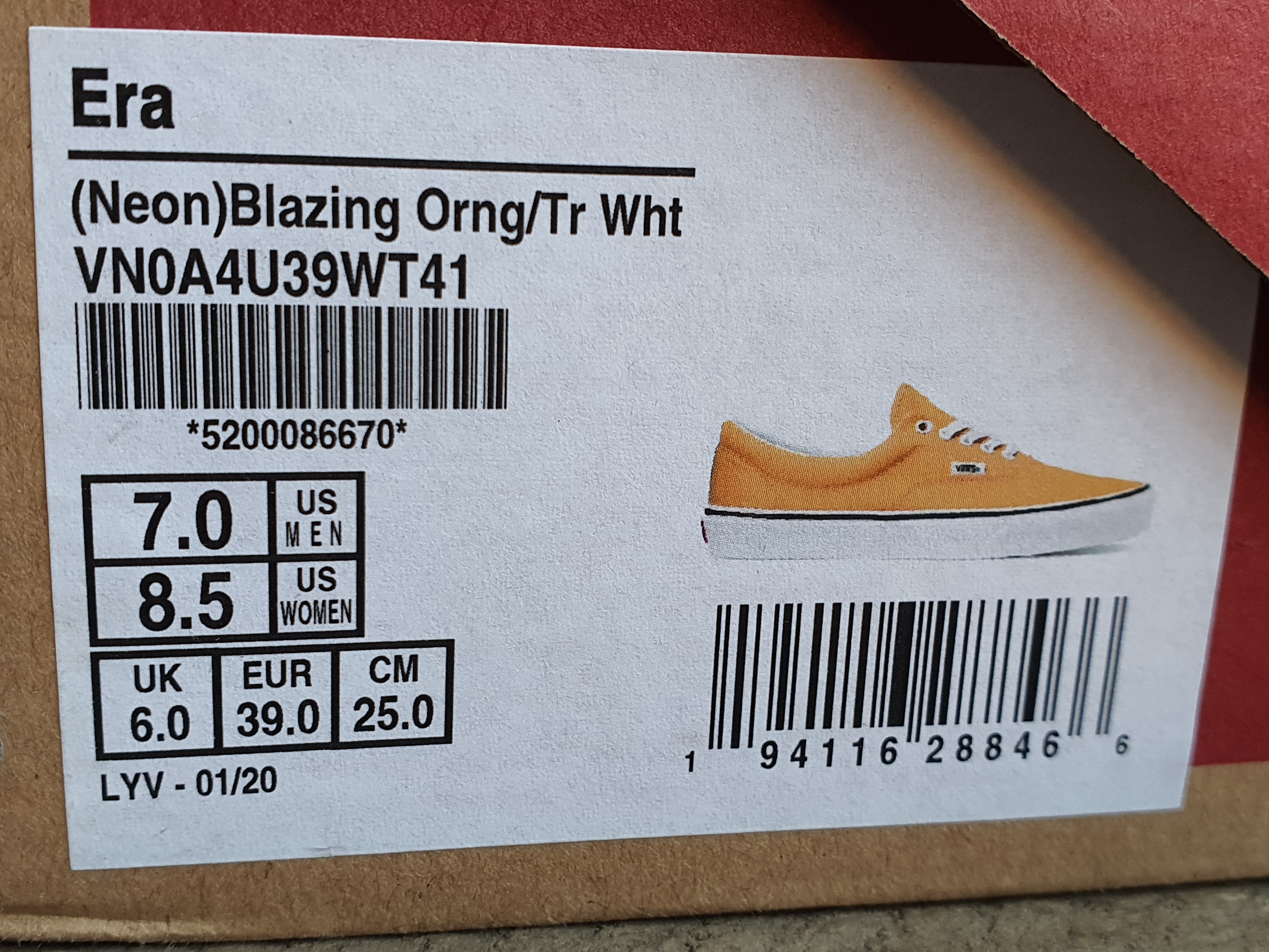VANS Era Neon Orange Unisex Canvas Shoe Siz UK6