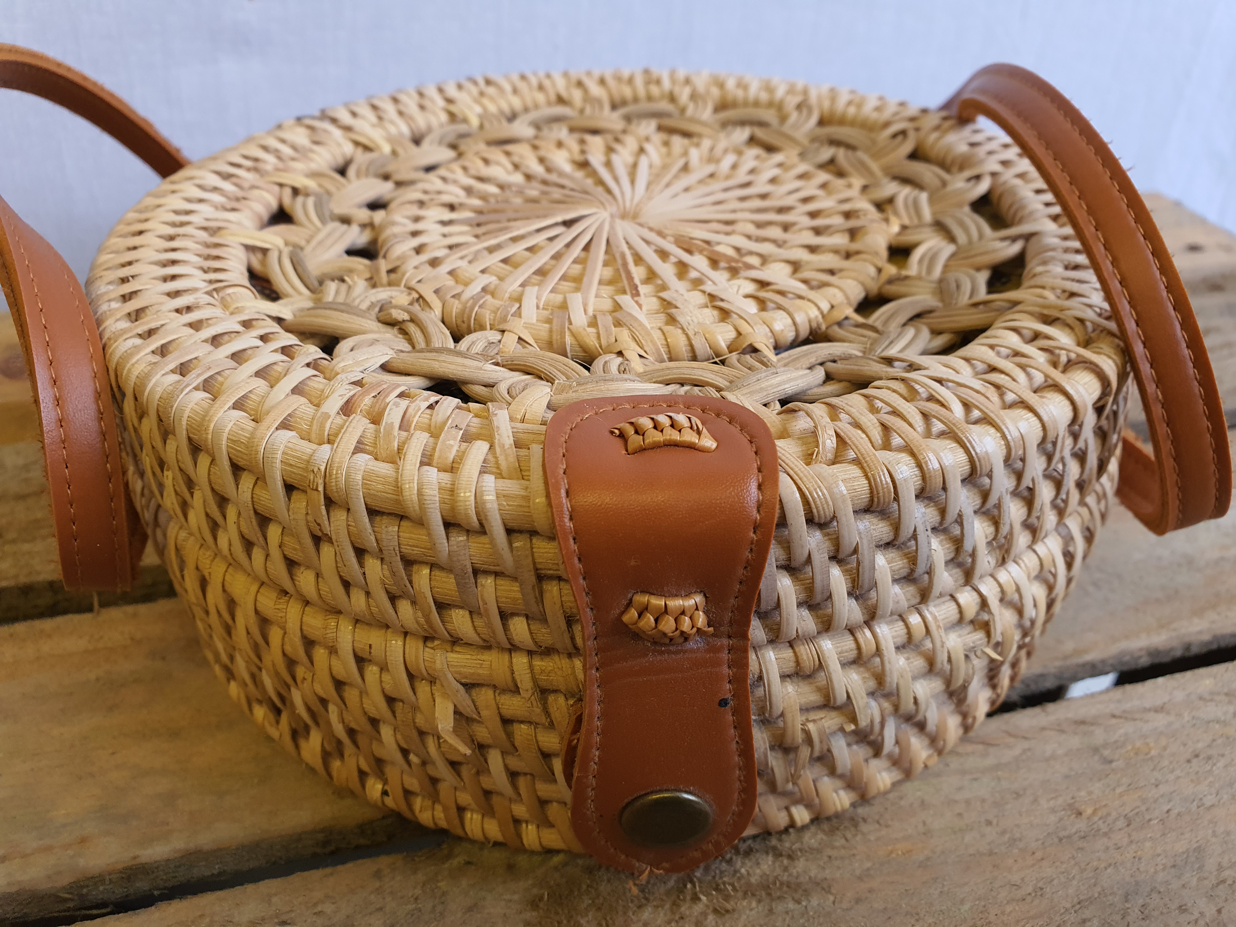 Round Rattan Wicker Shouler Bag with Colourful Fabric Lining