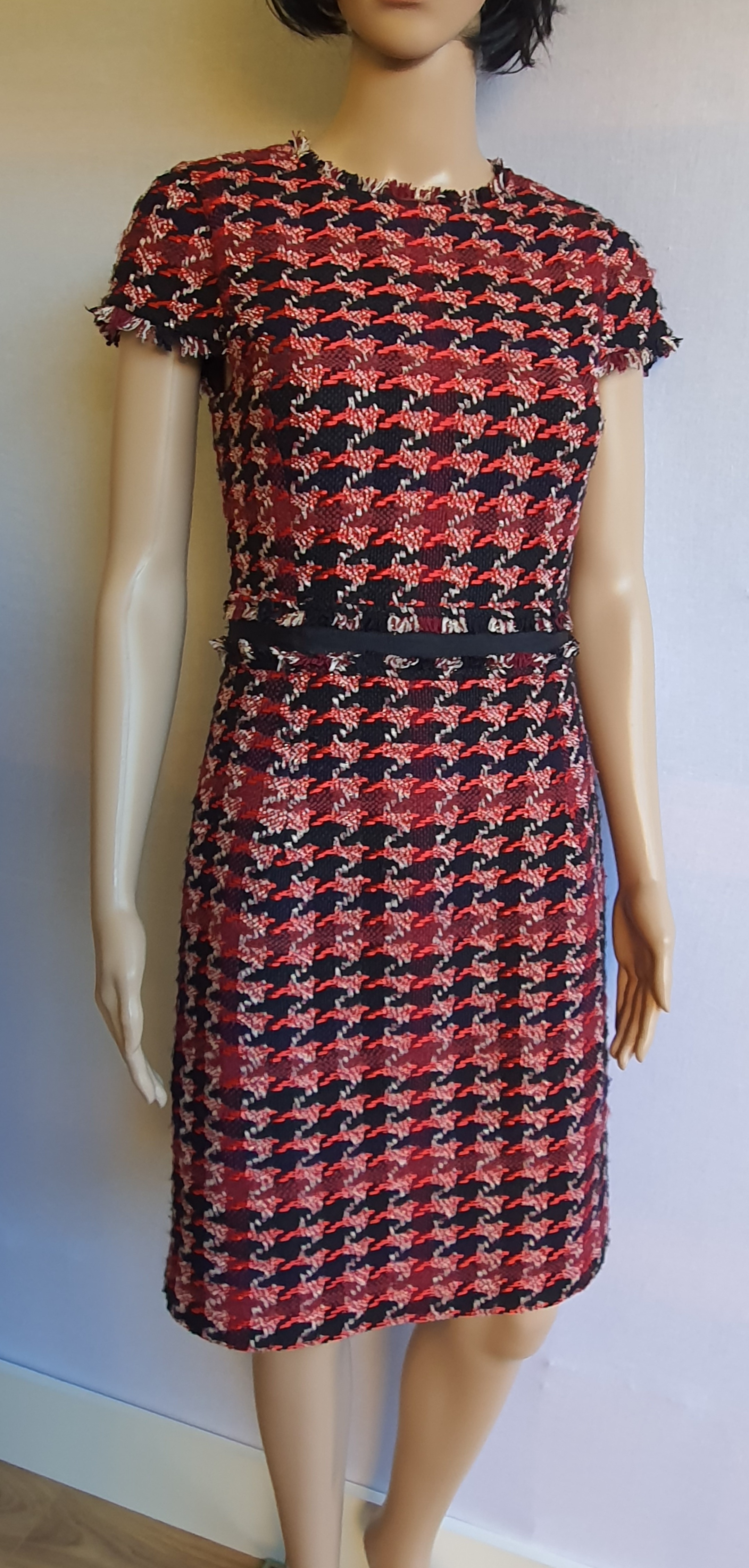 HOBBS Angeline Red Cotton Tweed Short Sleeve Raw Edge Dress UK 8