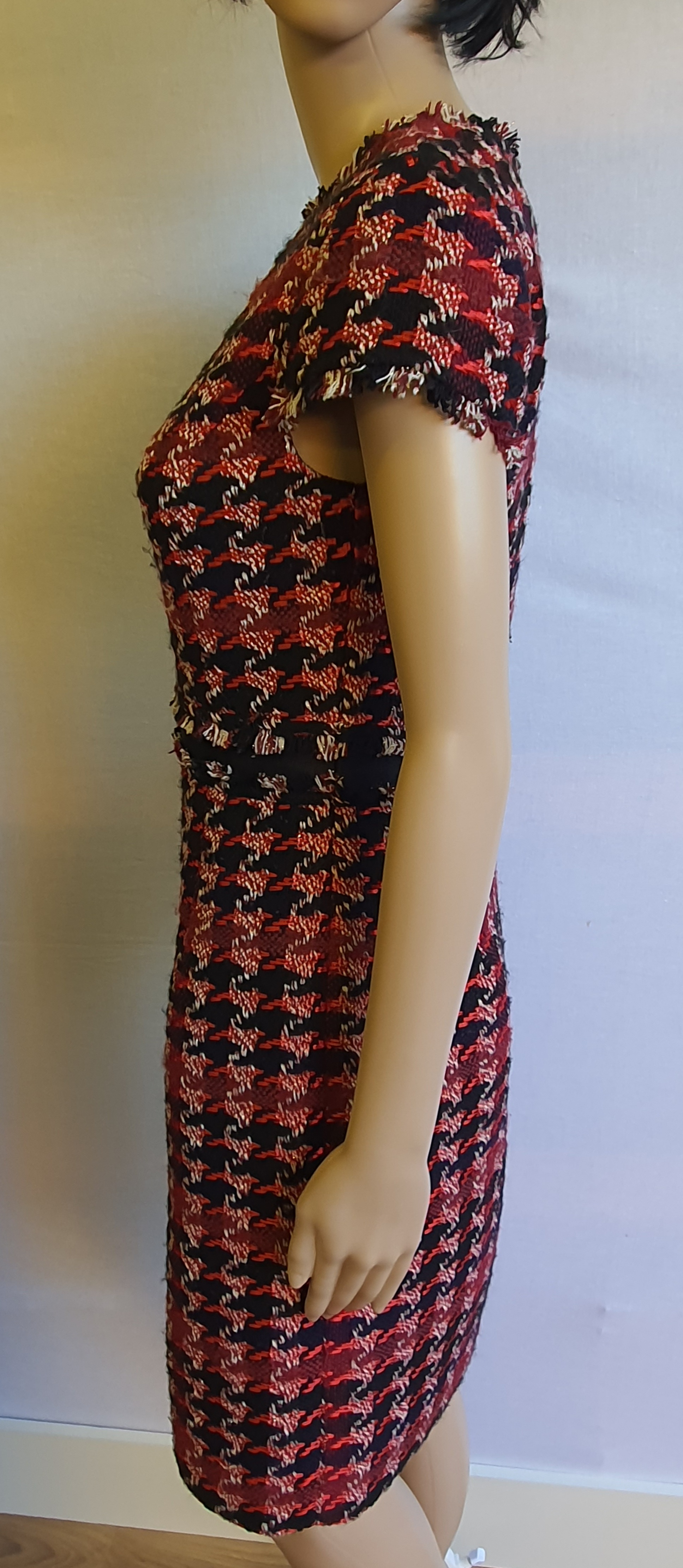 HOBBS Angeline Red Cotton Tweed Short Sleeve Raw Edge Dress UK 8