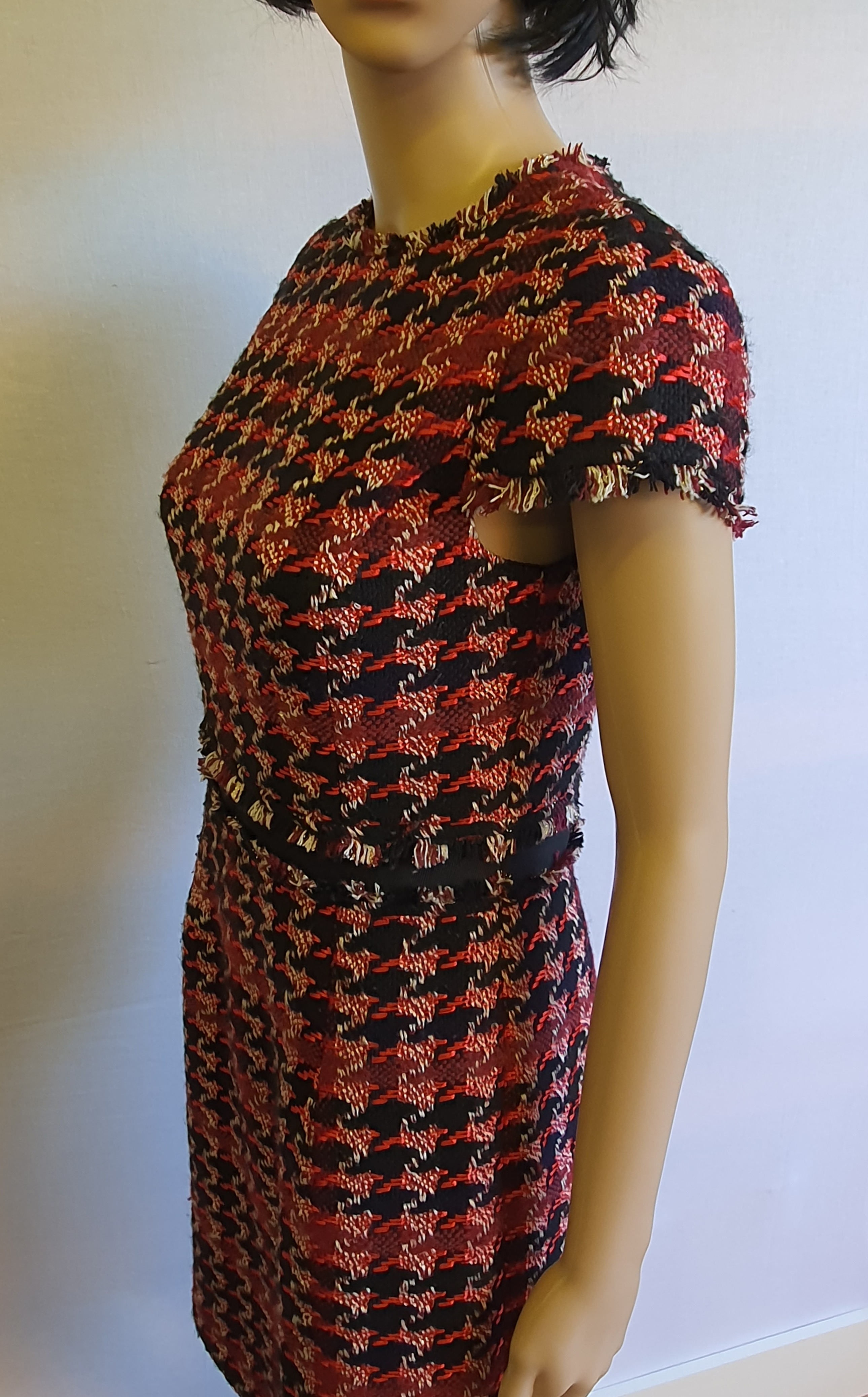 HOBBS Angeline Red Cotton Tweed Short Sleeve Raw Edge Dress UK 8