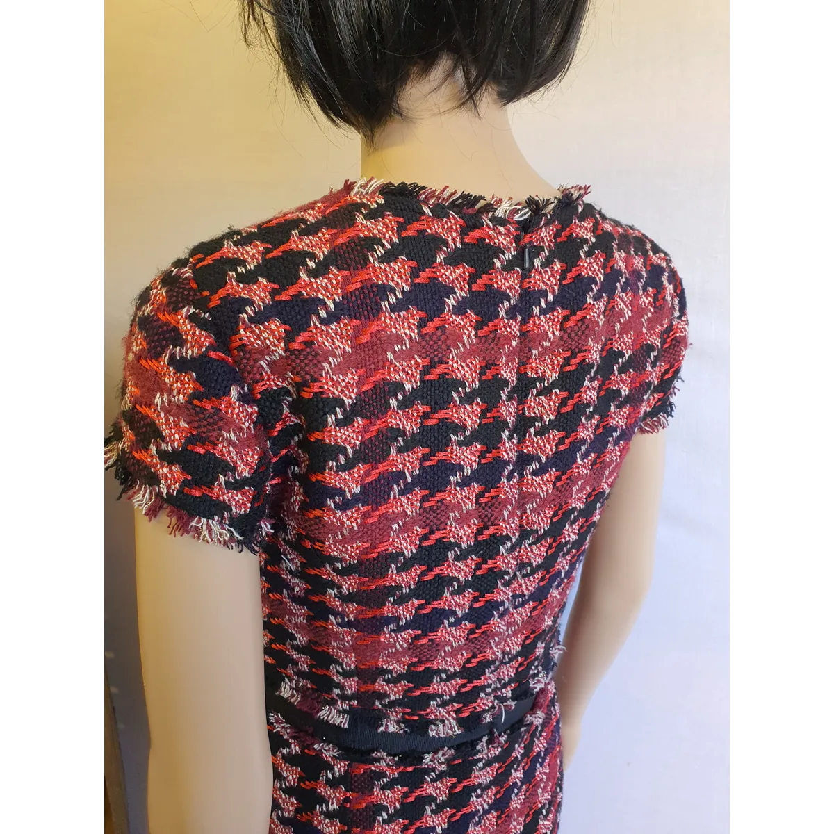 HOBBS Angeline Red Cotton Tweed Short Sleeve Raw Edge Dress UK 8