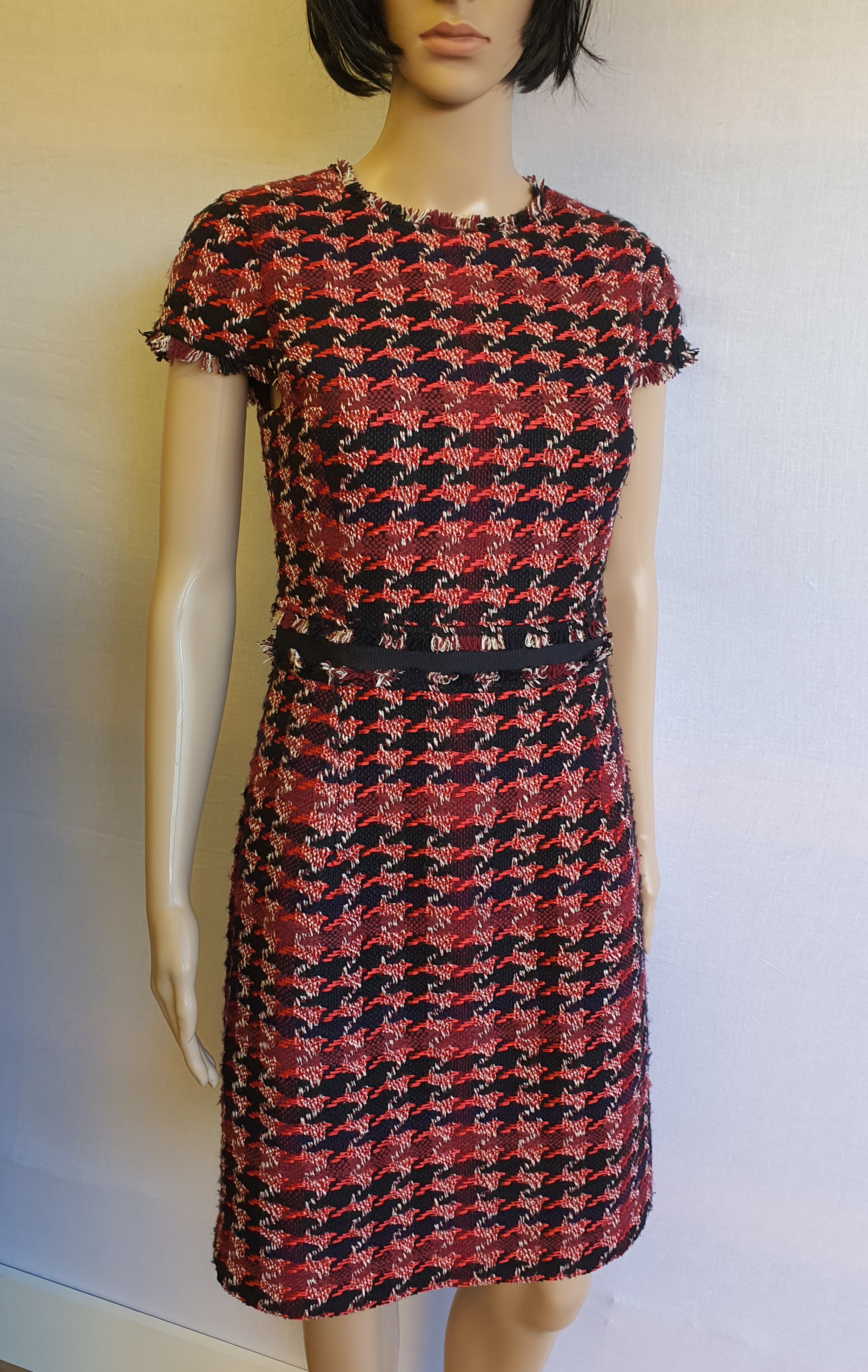 HOBBS Angeline Red Cotton Tweed Short Sleeve Raw Edge Dress UK 8