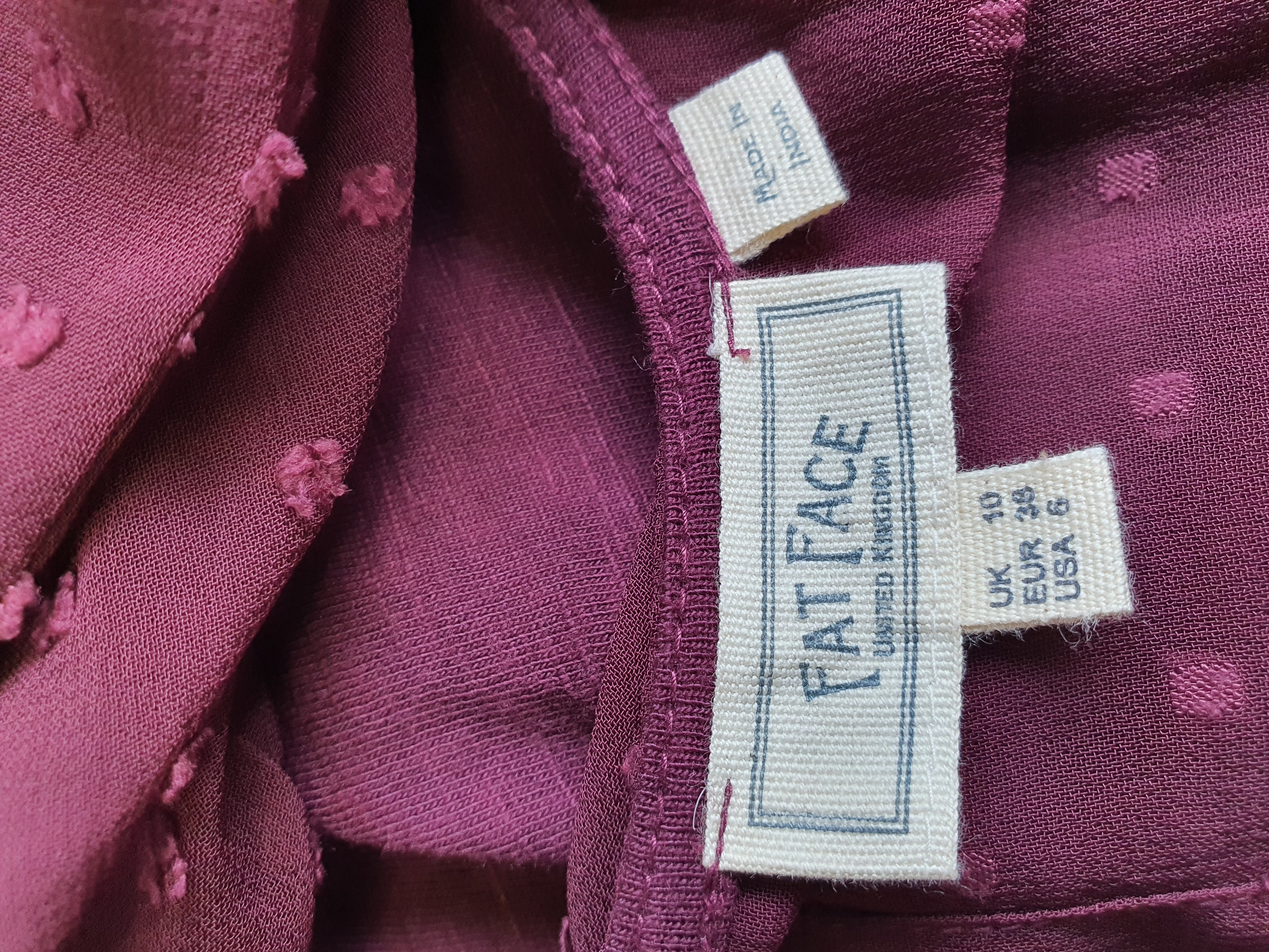 FATFACE Long Sleeve Marroon Top Size UK 10